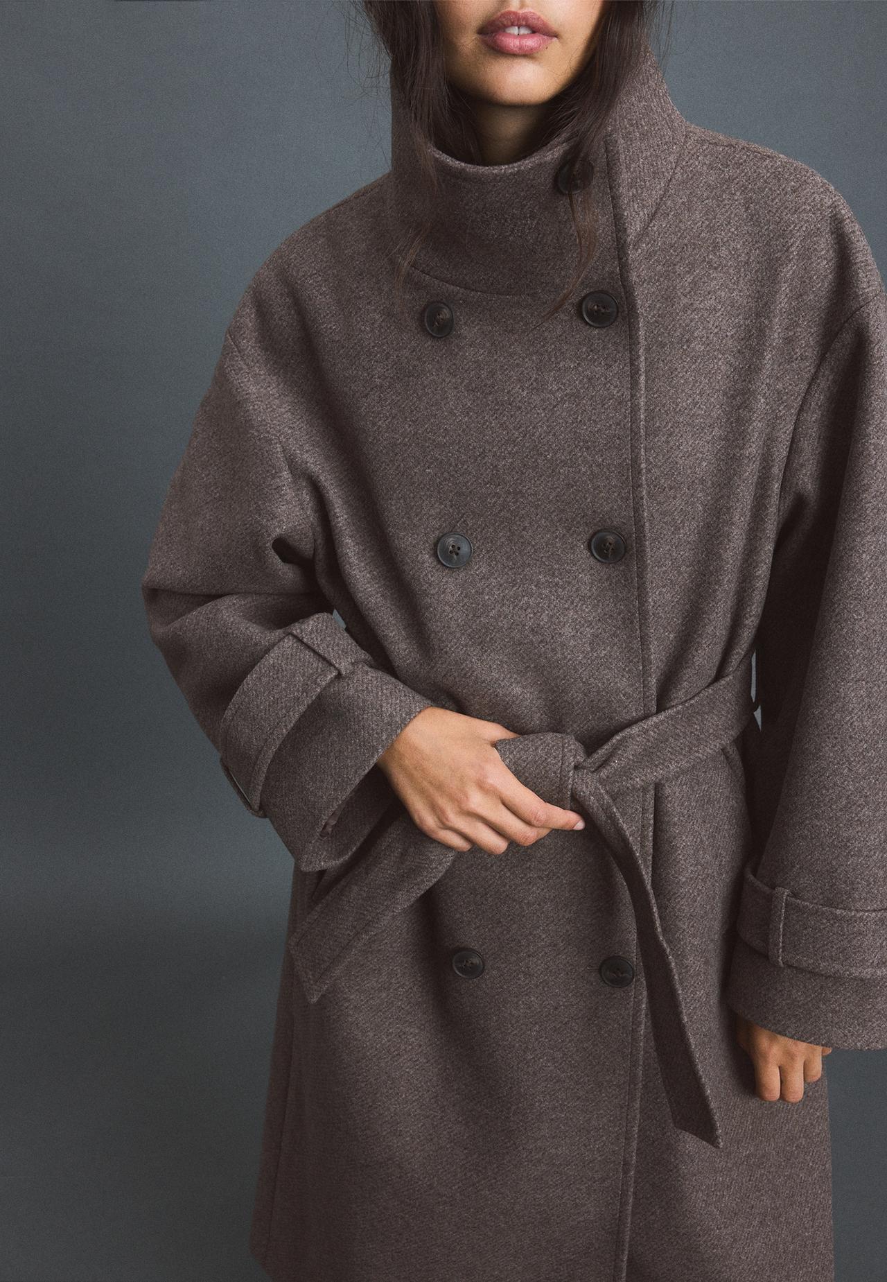 Soft-touch high neck long coat — Brown