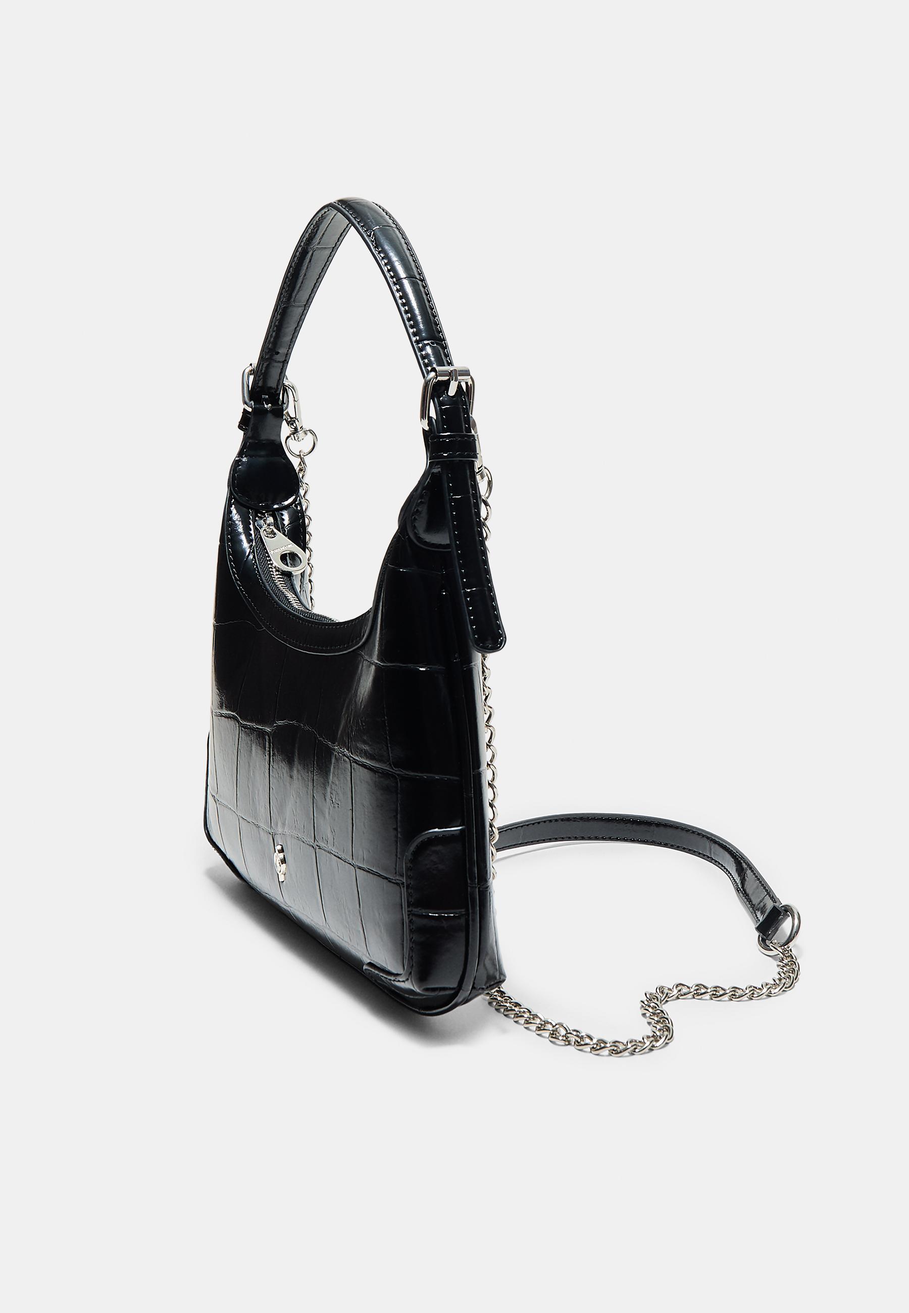 Mock croc mini chain shoulder bag — Black
