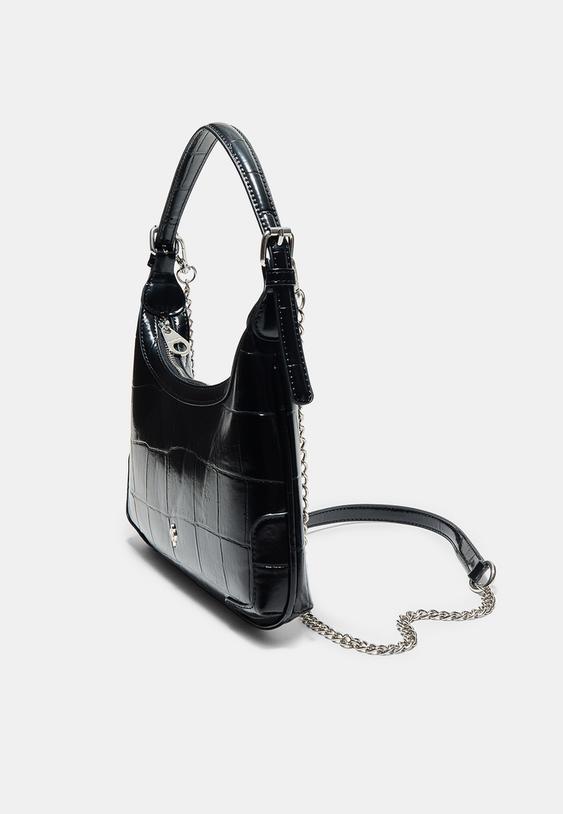 Stradivarius Mock Croc Mini Shoulder Bag With Chain Black Os