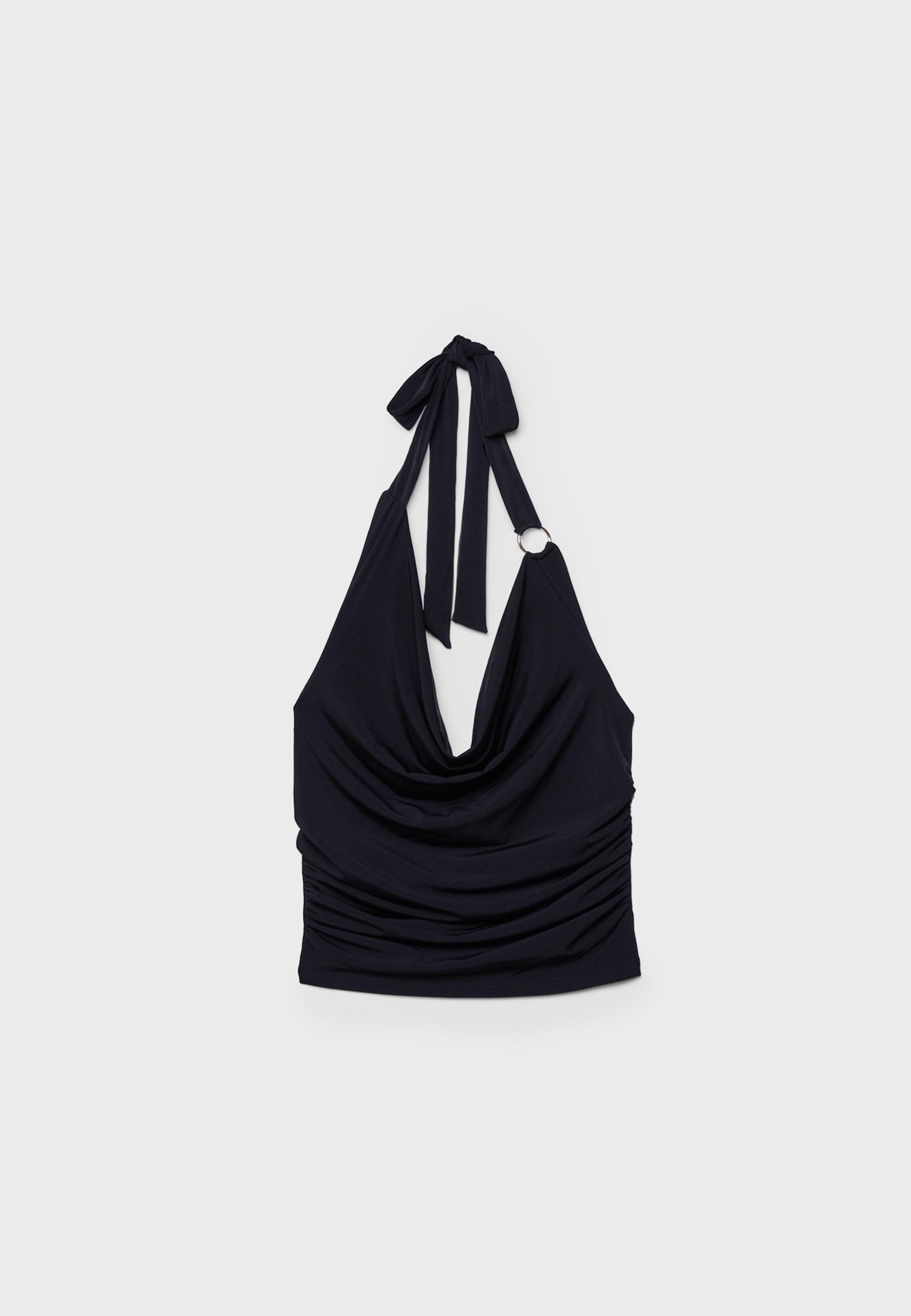 Draped Neckline Ring Top — Black