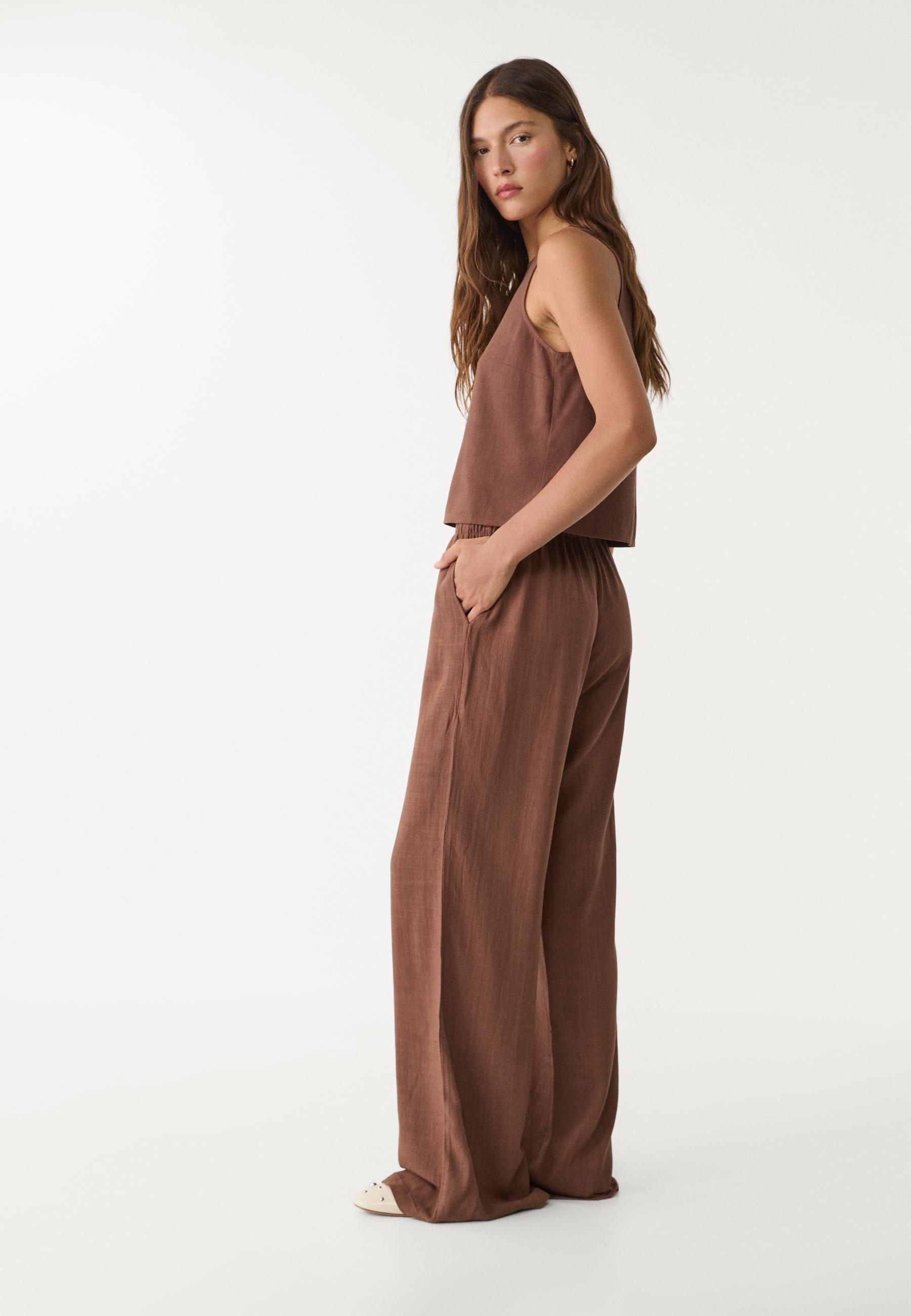 Straight-leg linen-look trousers — Brown