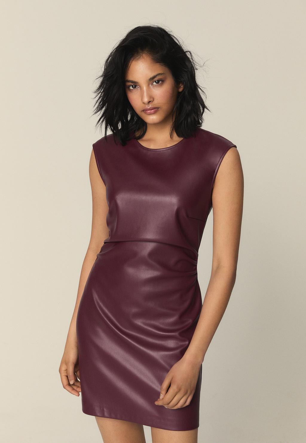 Short leather effect dress with cap sleeves