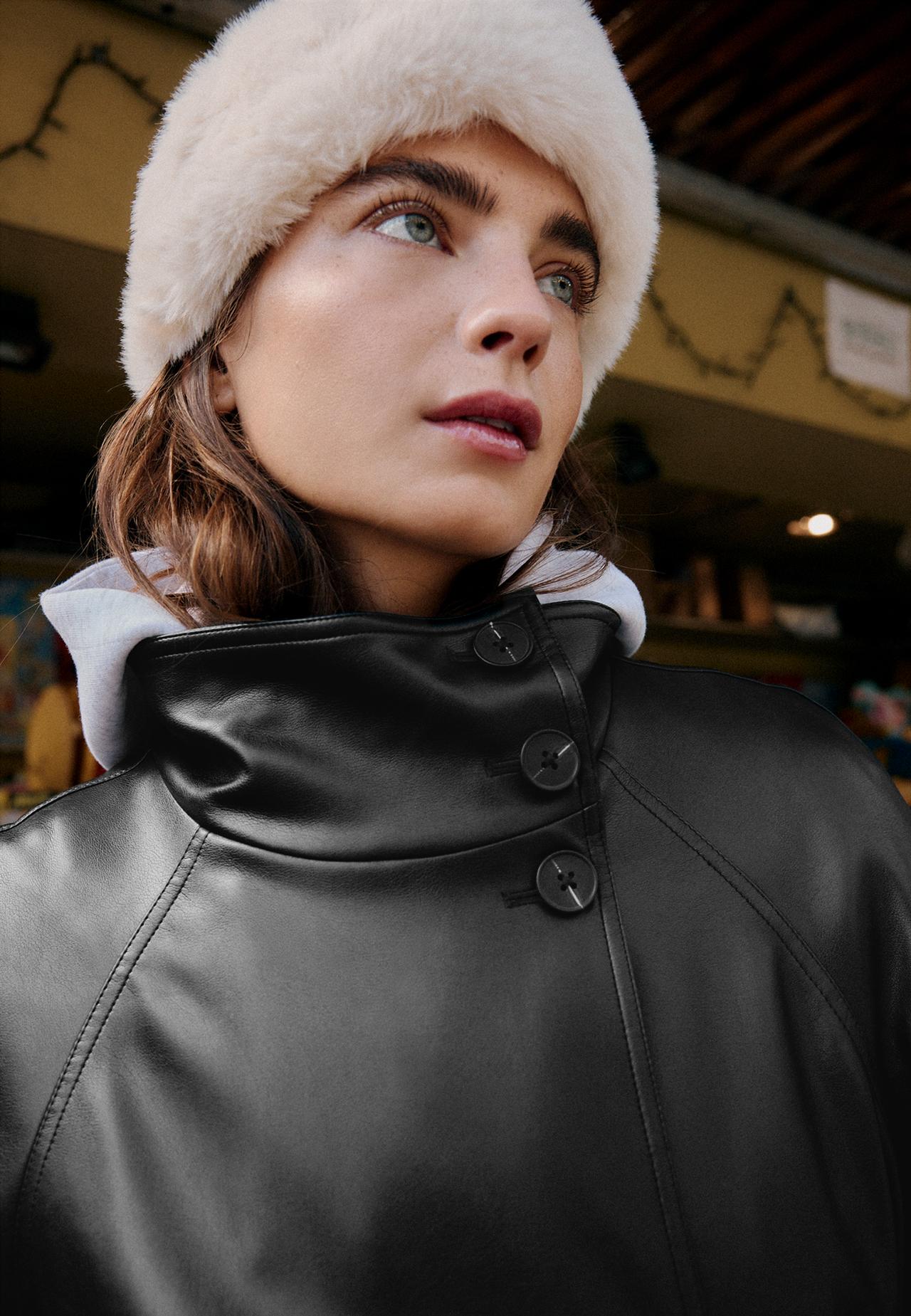High neck leather effect trench coat — Black