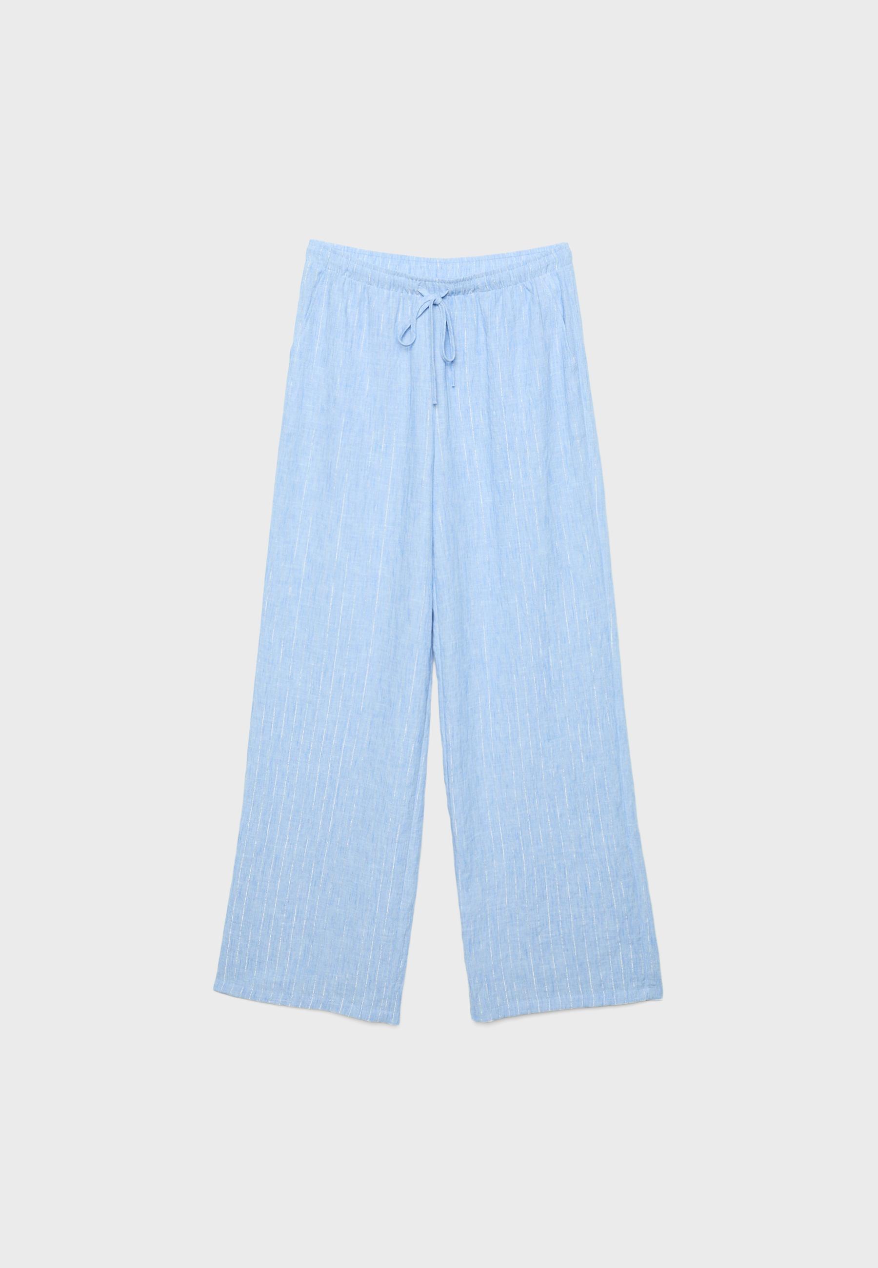 Flowing metallic thread linen-effect trousers — Blue