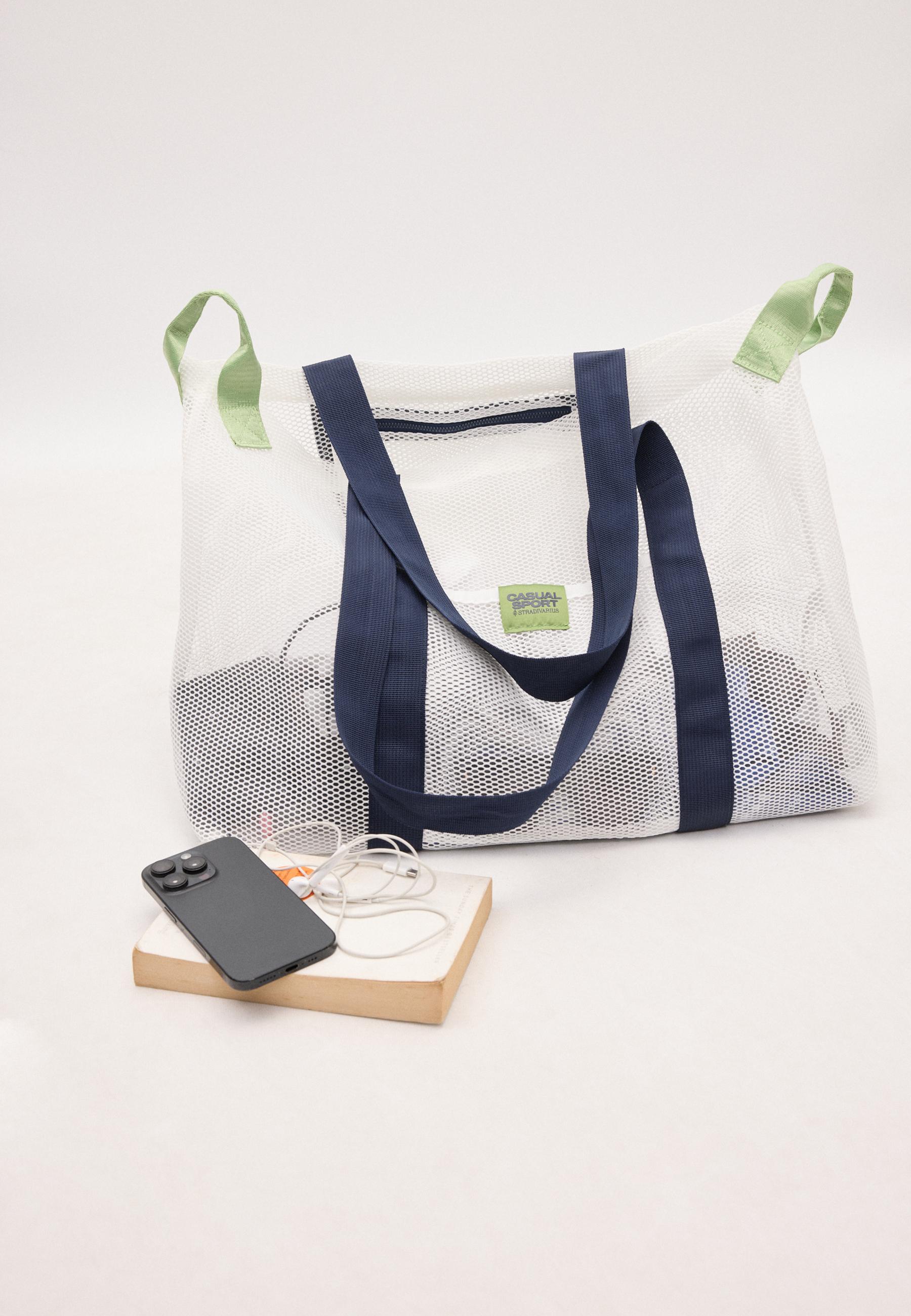 Contrast mesh shopper bag — Ecru