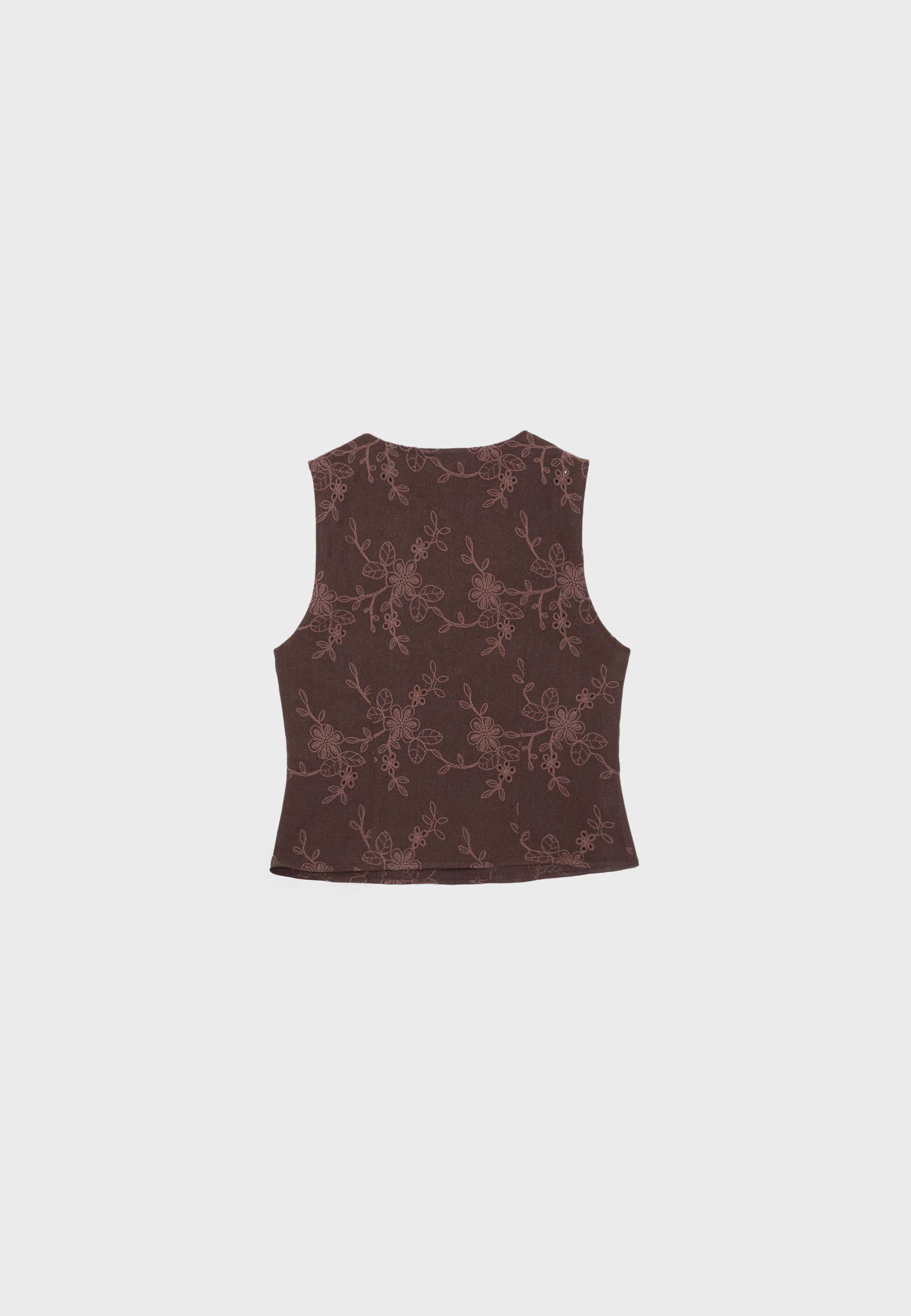 Embroidered fitted sleeveless top — Brown