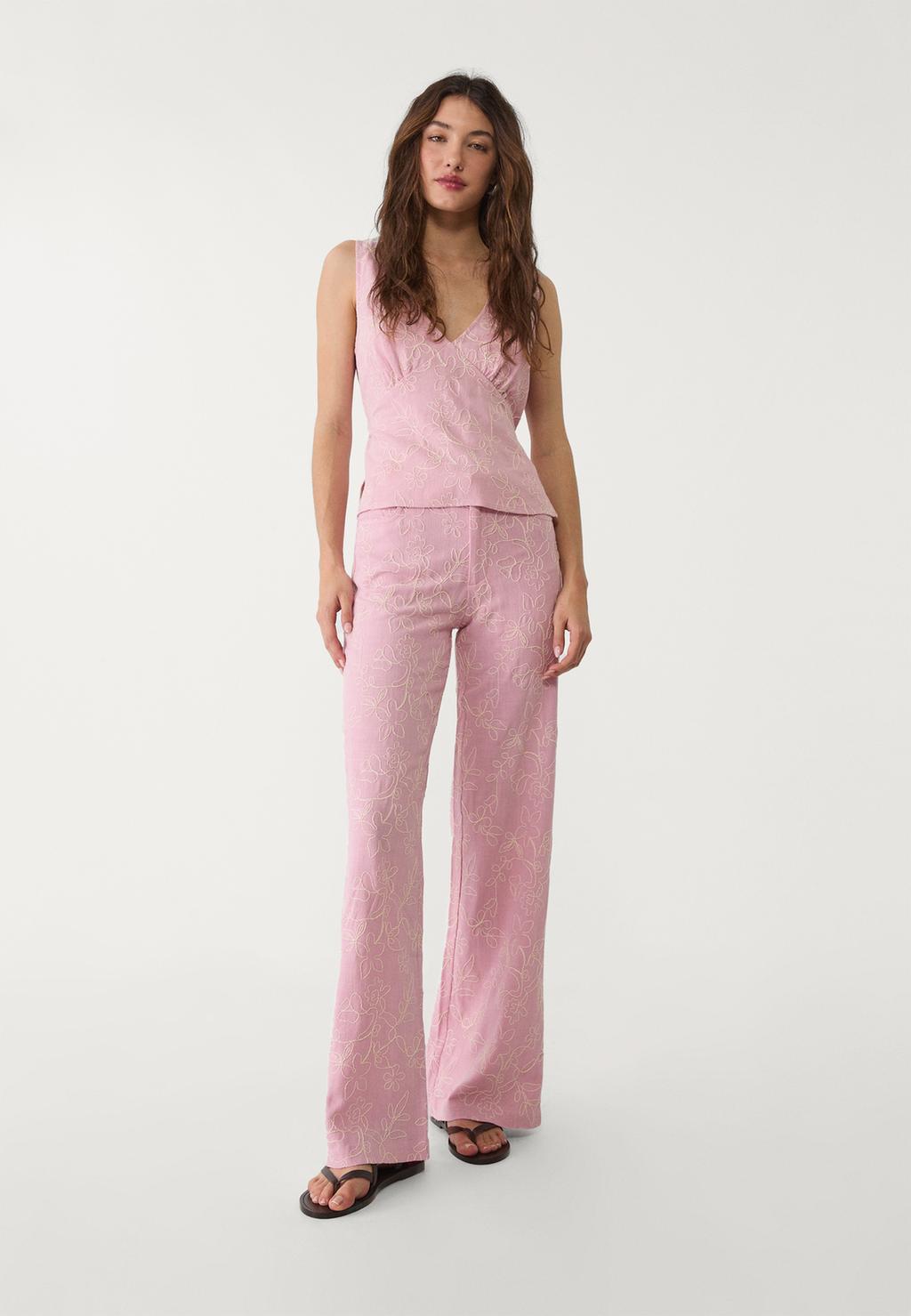 Linen blend embroidered straight-leg trousers