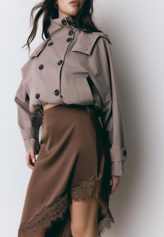 Stradivarius Satin Asymmetric Skirt Brown M