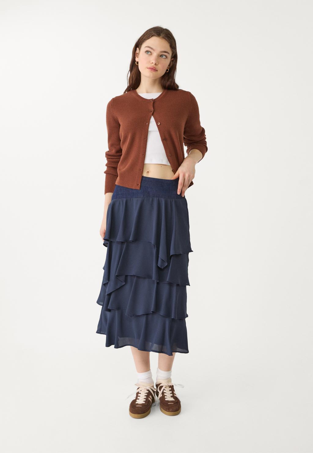 Contrast ruffled midi skirt