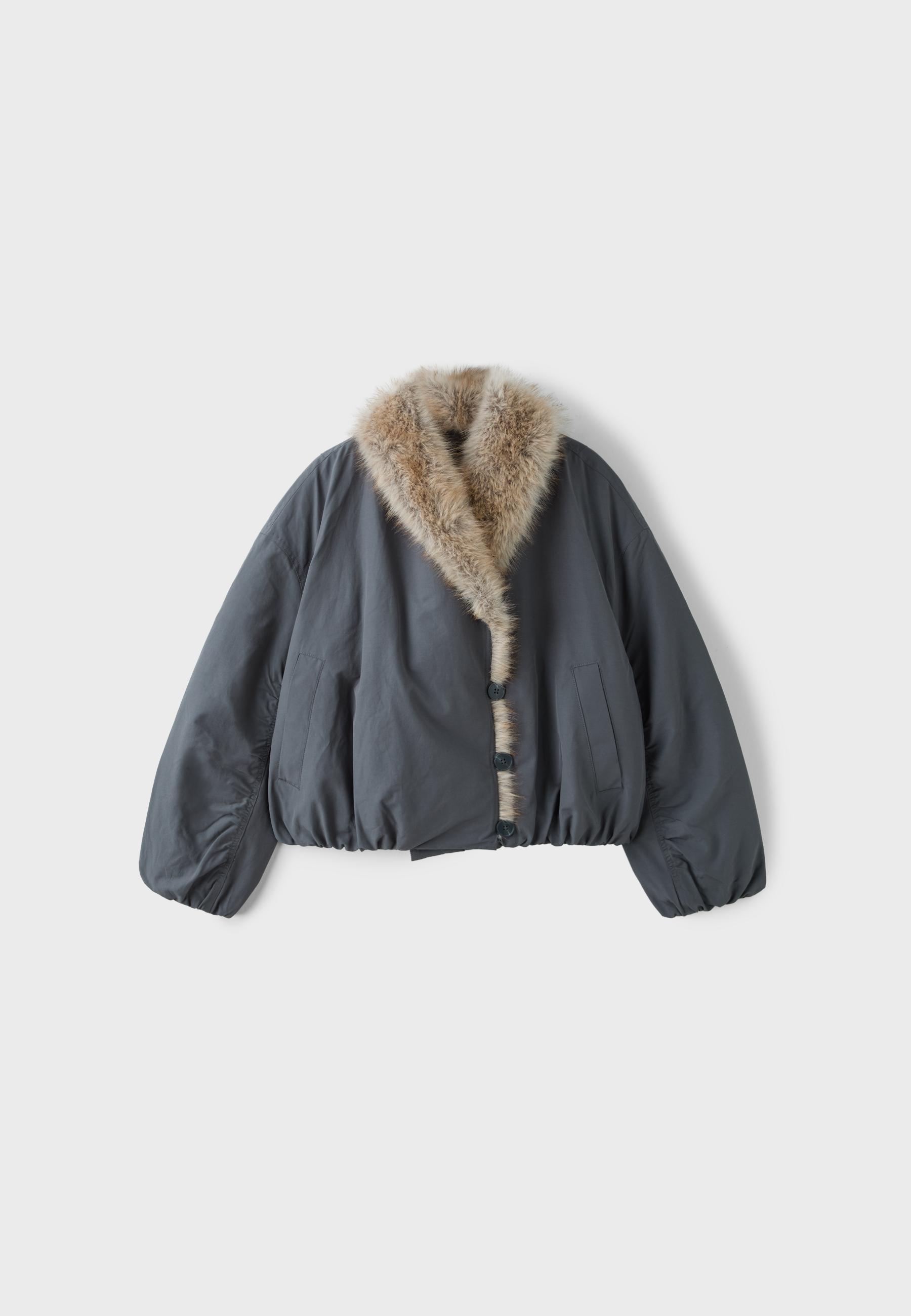 Puffer jacket with faux fur shawl collar — Dark grey