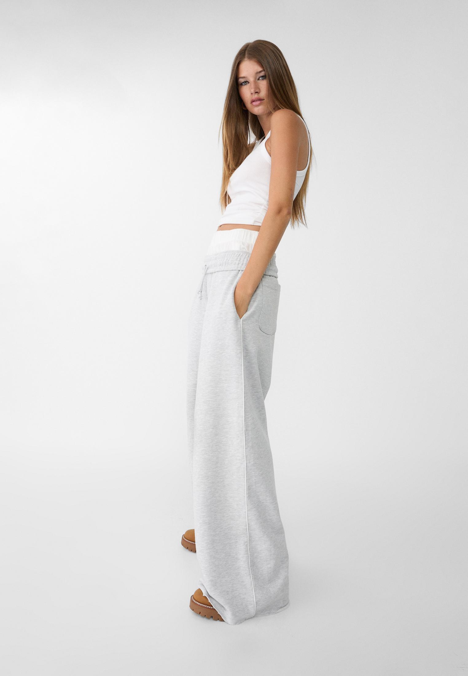 Wide-leg plush trousers with trim detail — Grey melange
