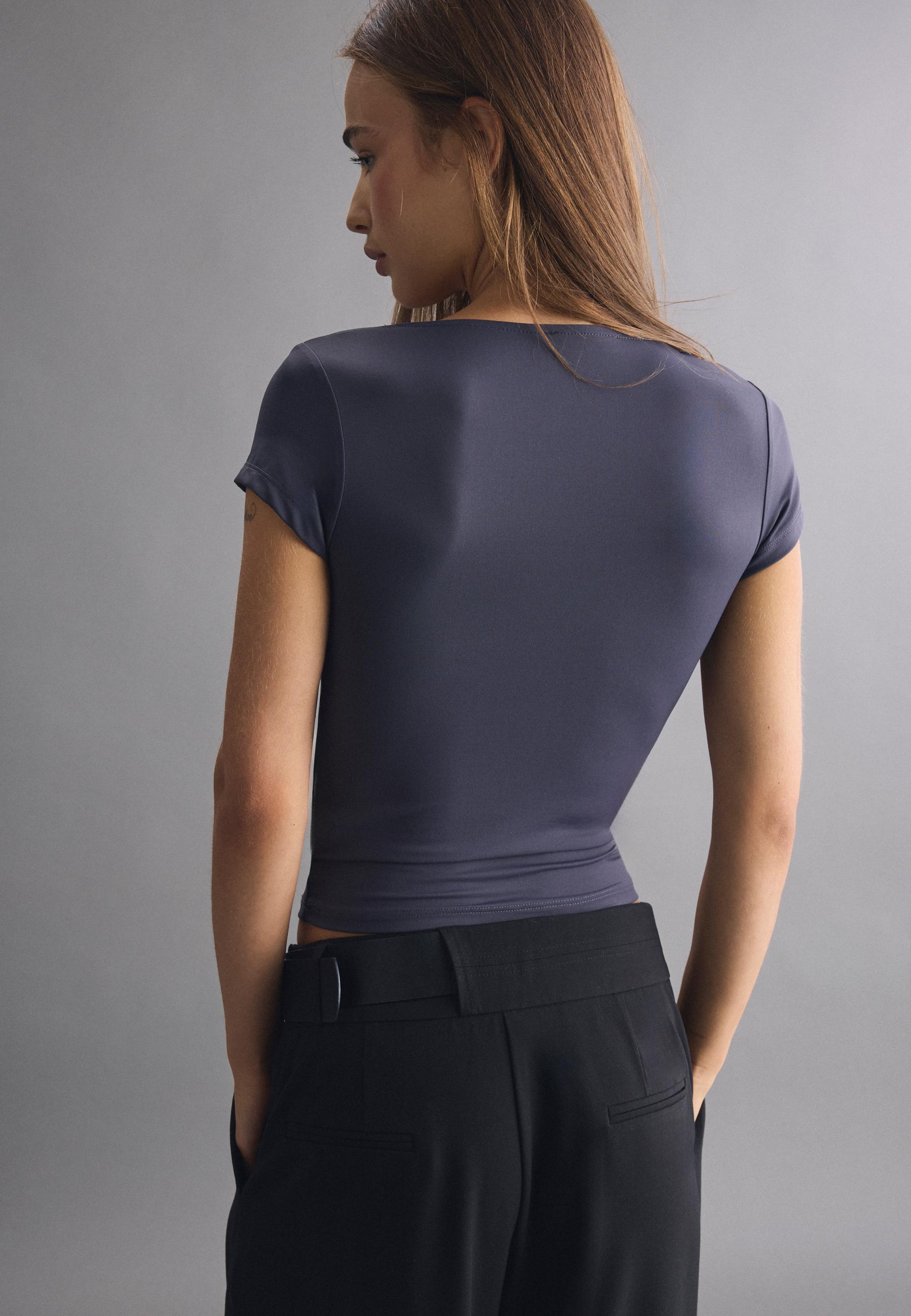 Polyamide V-neck cap sleeve T-shirt — Dark grey