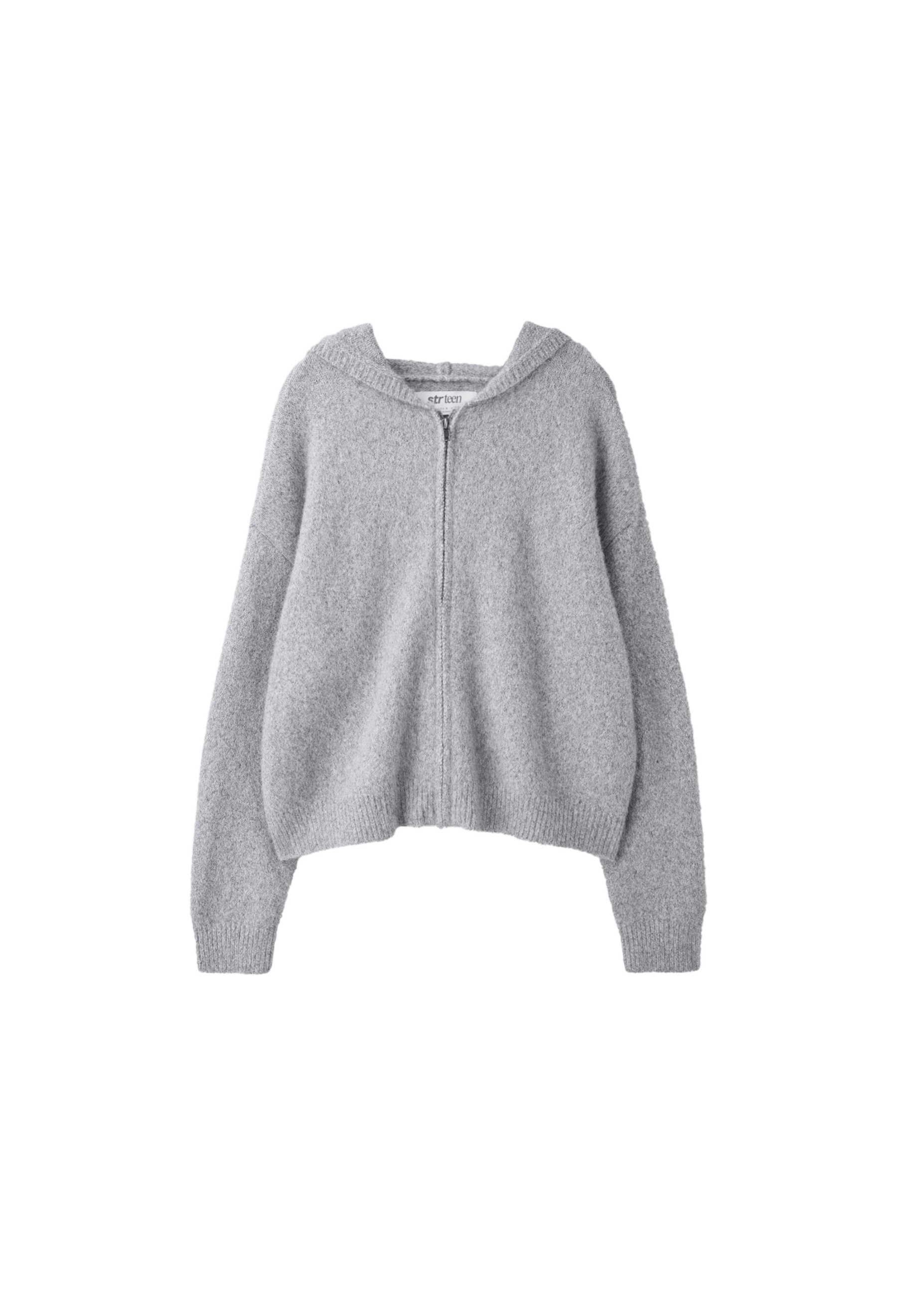 Zipped hooded knit cardigan — Grey melange