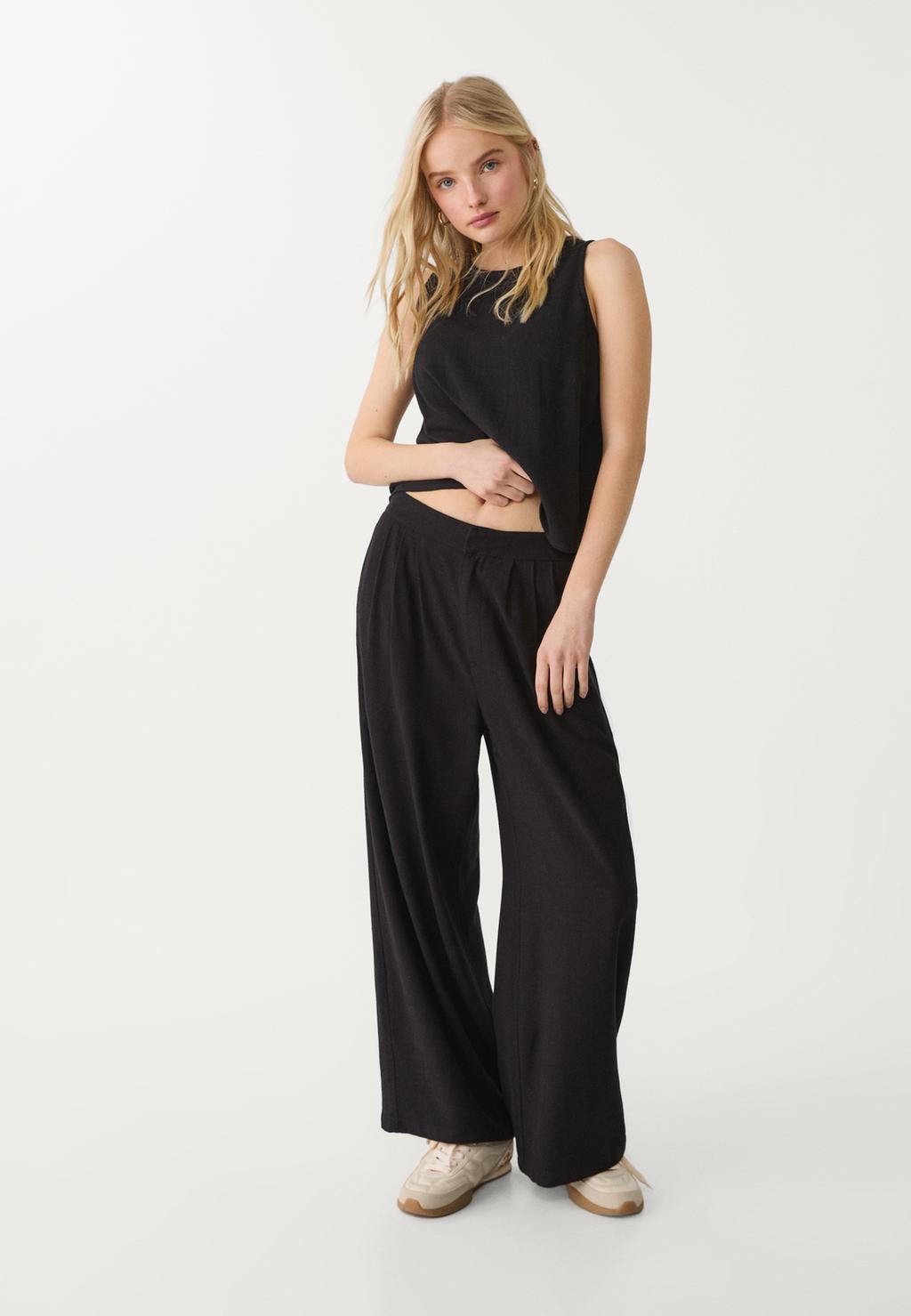 Pantaloni culotte con pince misto lino