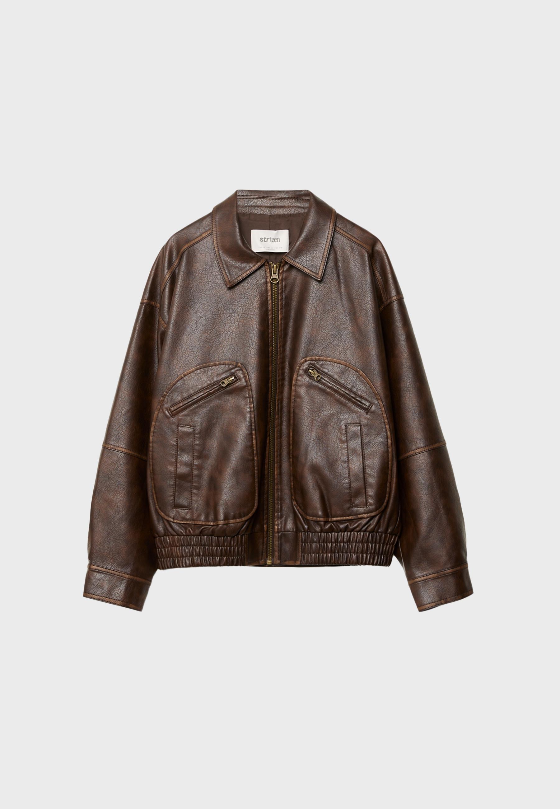 Leather effect jacket with pockets — Brown