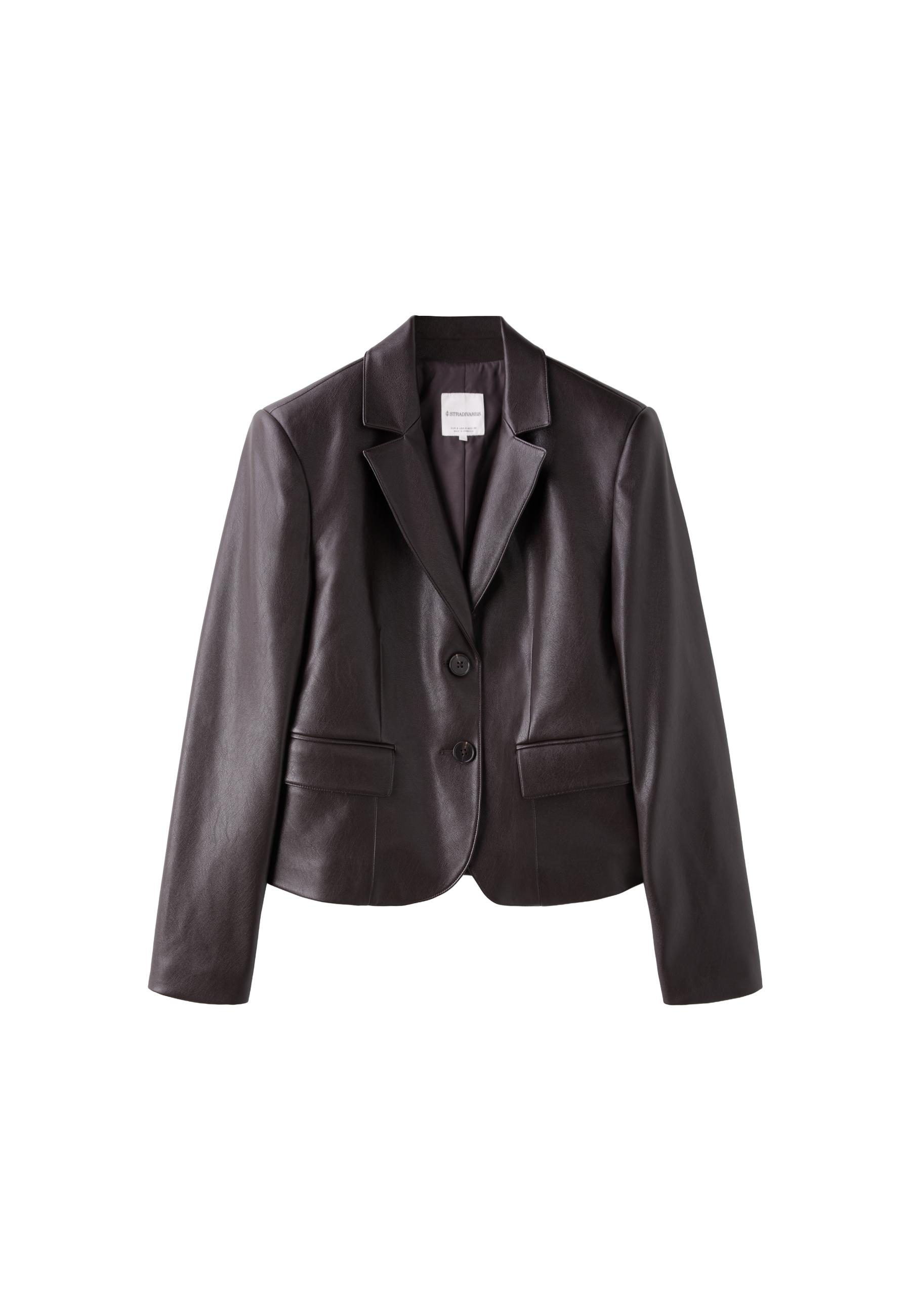 Short fitted leather effect blazer — Brown