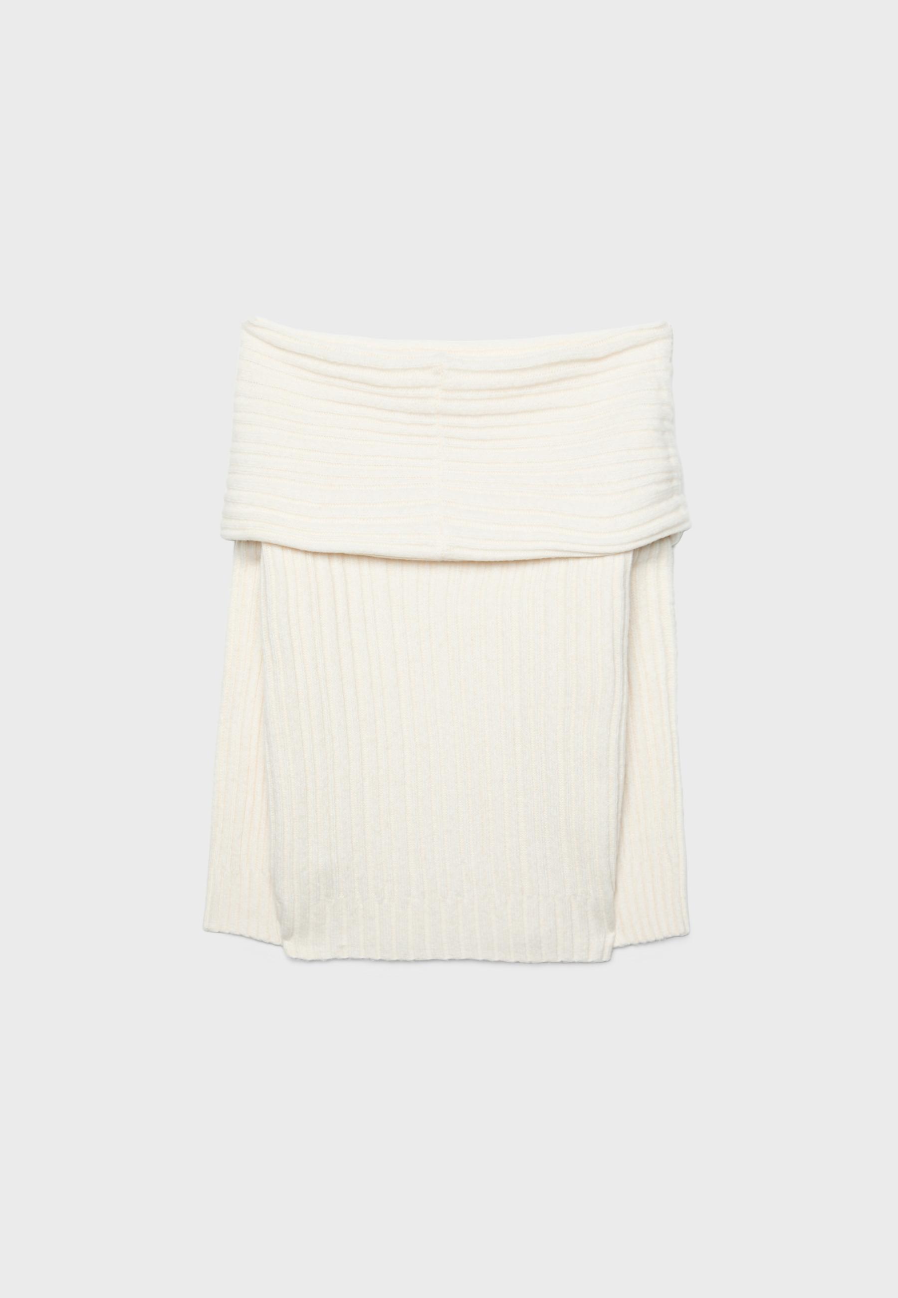 Asymmetric exposed shoulder knit sweater — Ecru