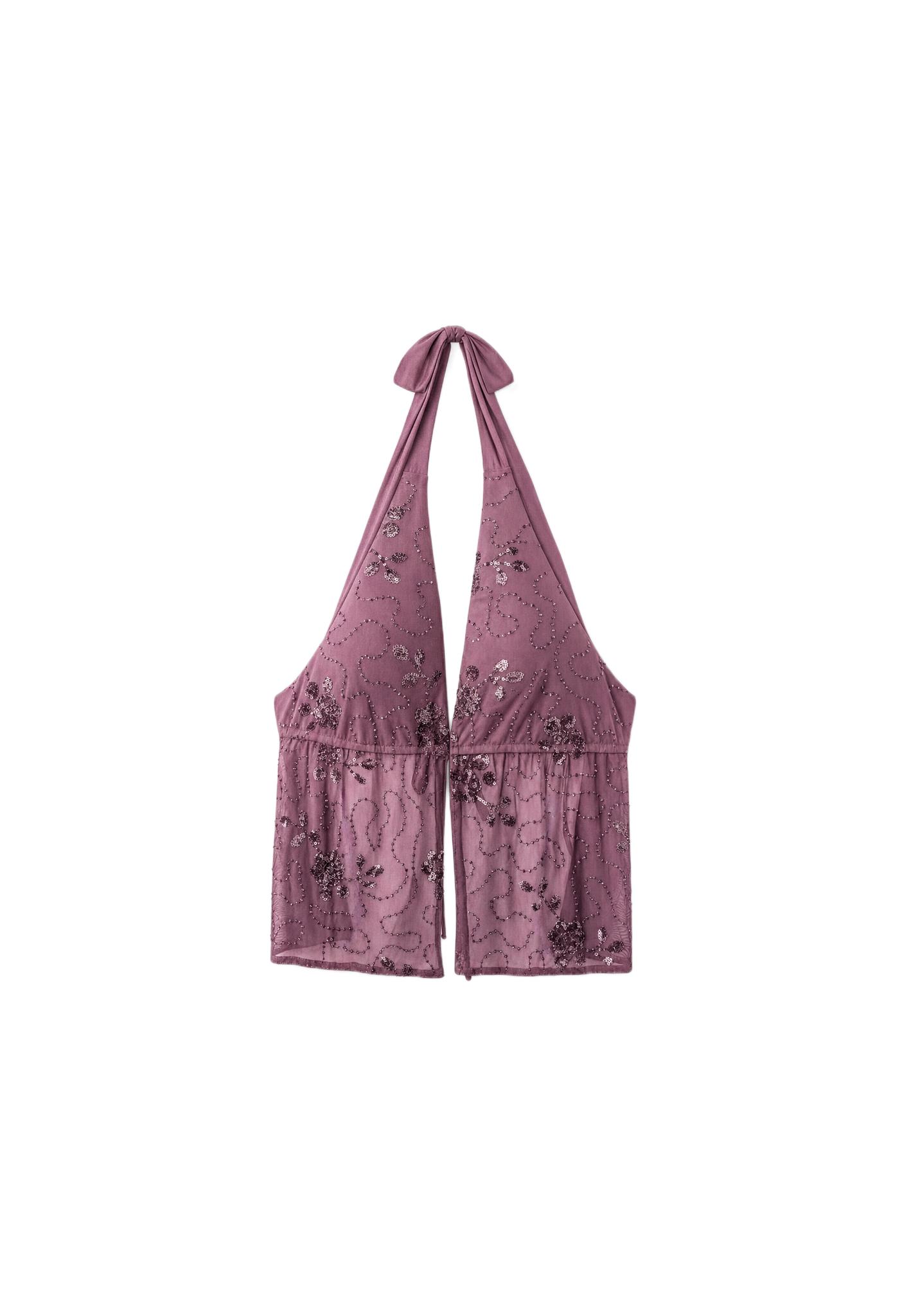 Embroidered halter top with rhinestones