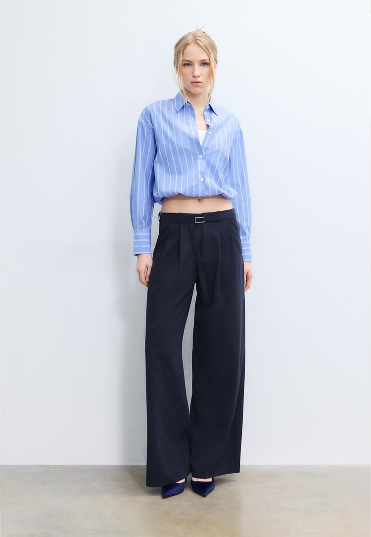 Stradivarius Pantaloni Largi Cu Detaliu Cataramă Albastru 36