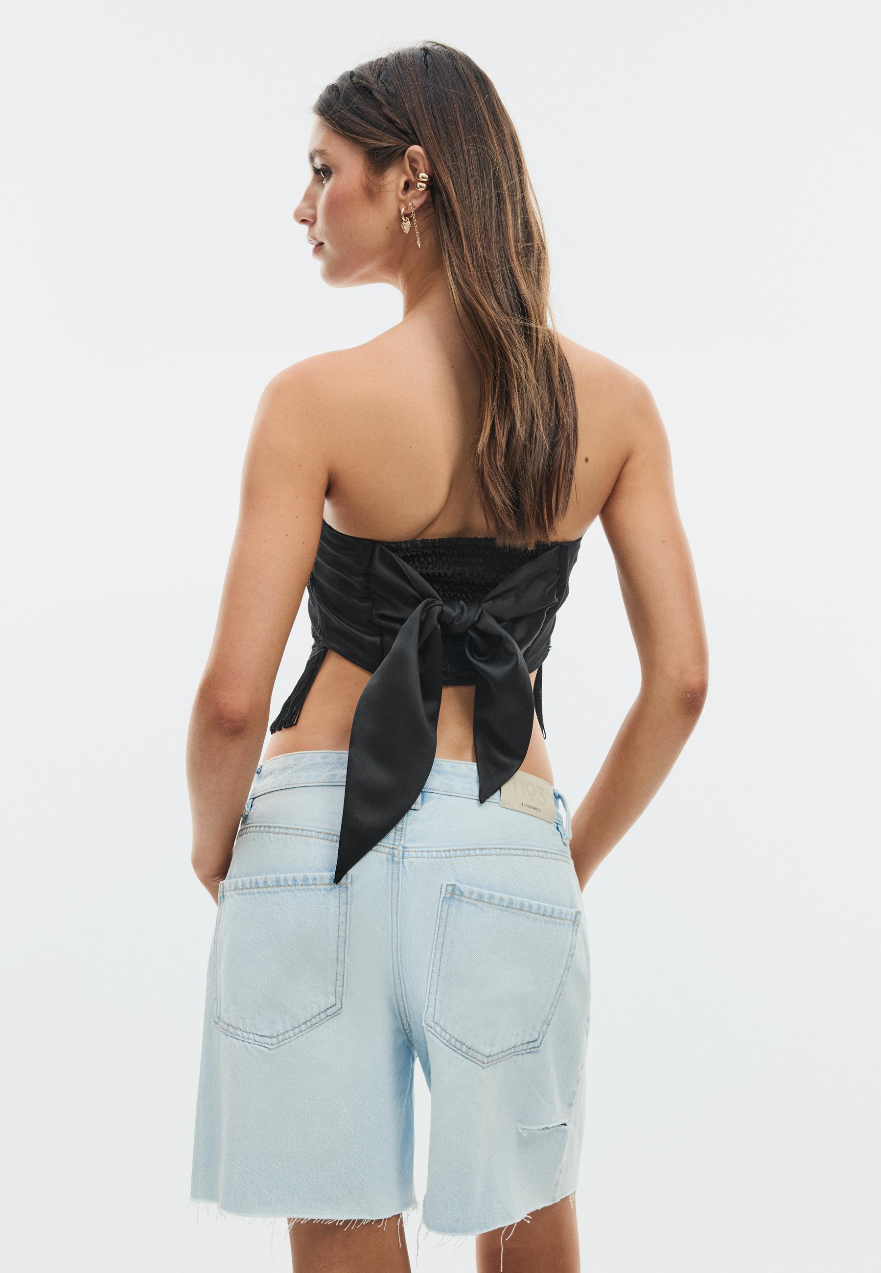 Embroidered fringe bustier top — Black