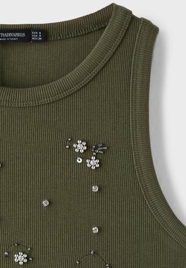Jewelled racerback top — Khaki 9