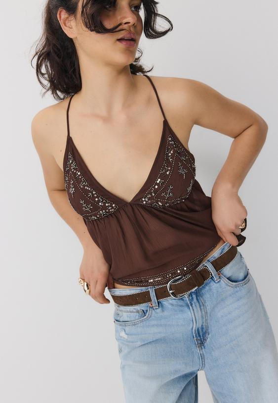 Stradivarius Belt With Side Beads Brown 34