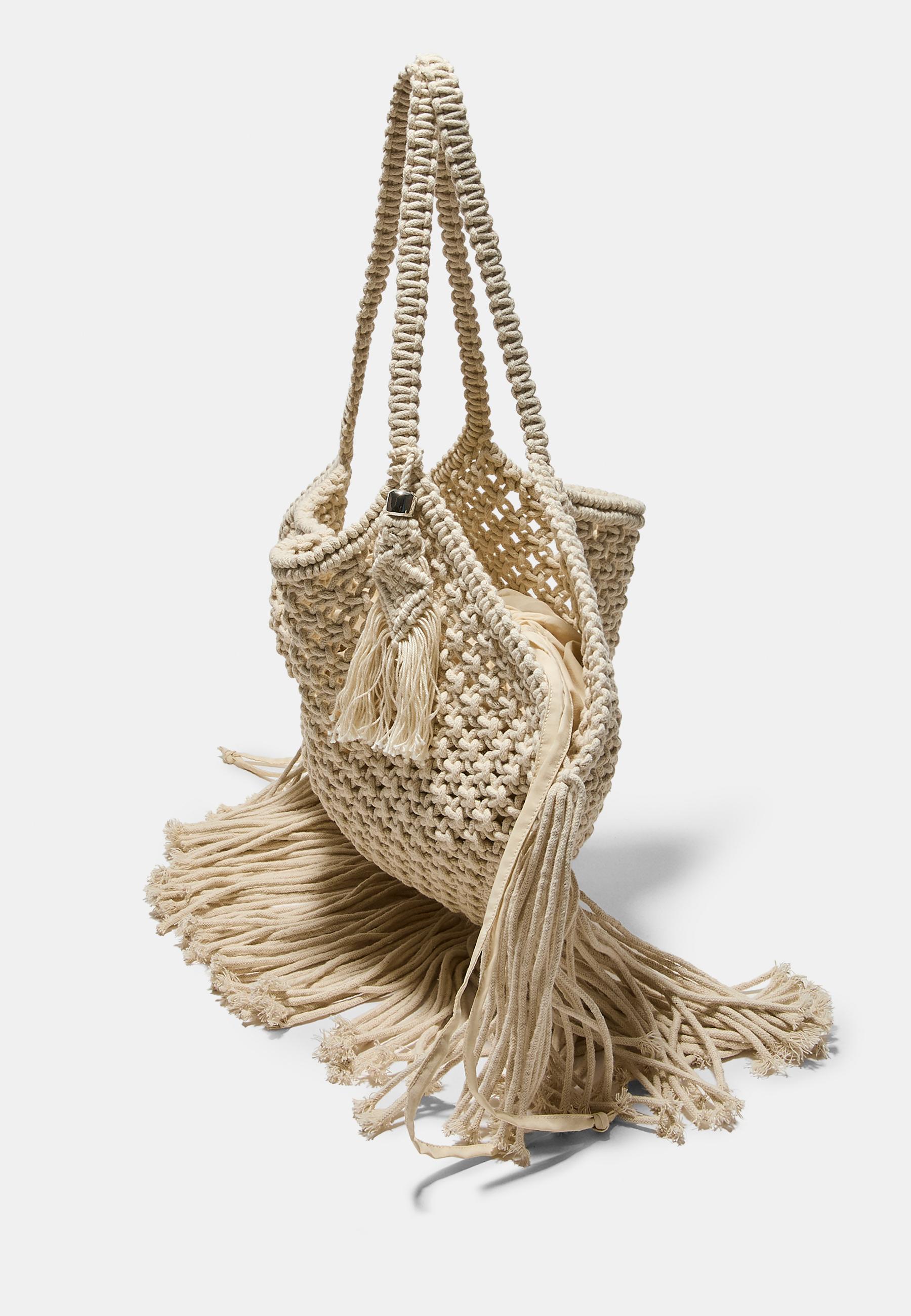 Macramé fringed shoulder bag — Ecru