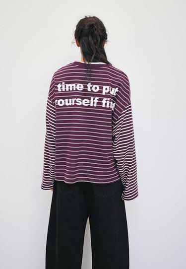 Striped text long sleeve T-shirt — Dark purple 5