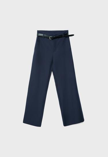 Düz kesim dökümlü kemerli pantolon - Görsel 12