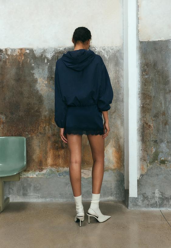 Stradivarius Satin Mini Skirt With Lace Trim Dark Blue S