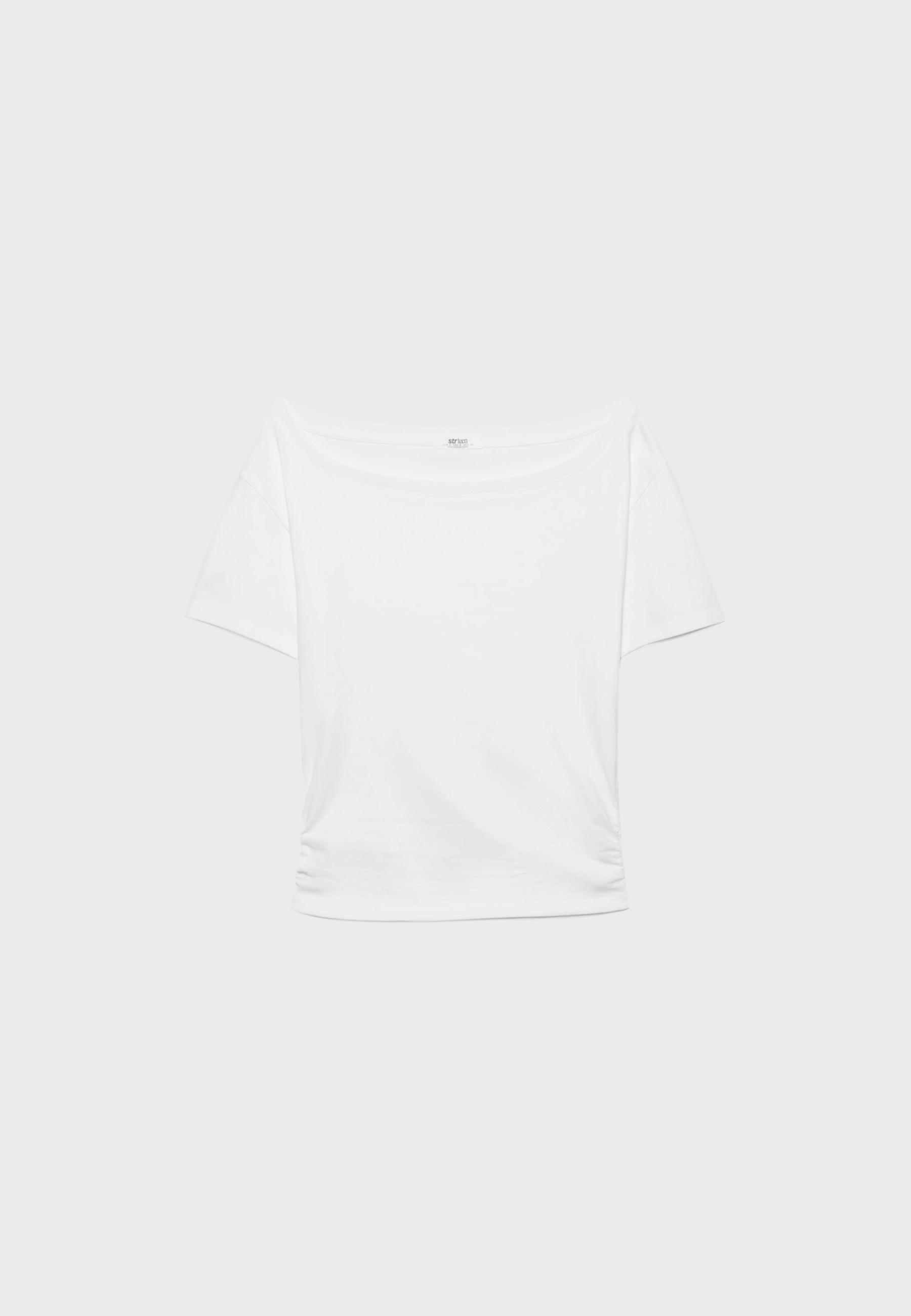 Short sleeve boat neck T-shirt with gathers — White