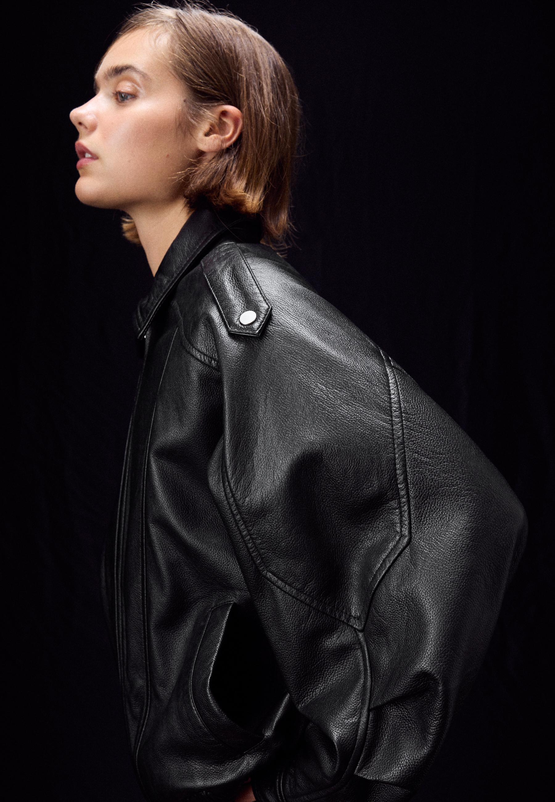 Stradivarius Oversize Δερμάτινο Τζάκετ Μαύρο M