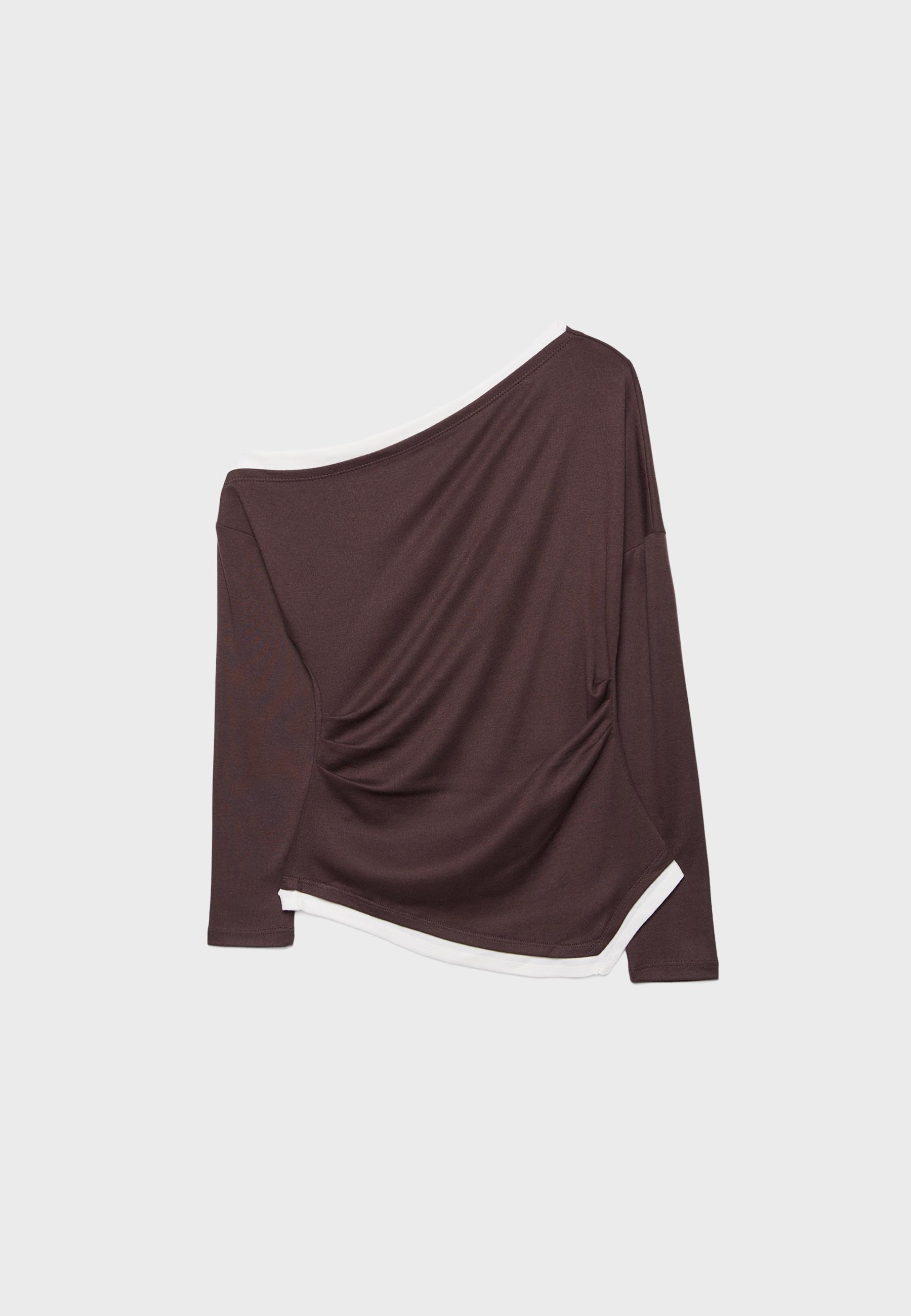 Double-layer asymmetric long sleeve T-shirt — Brown