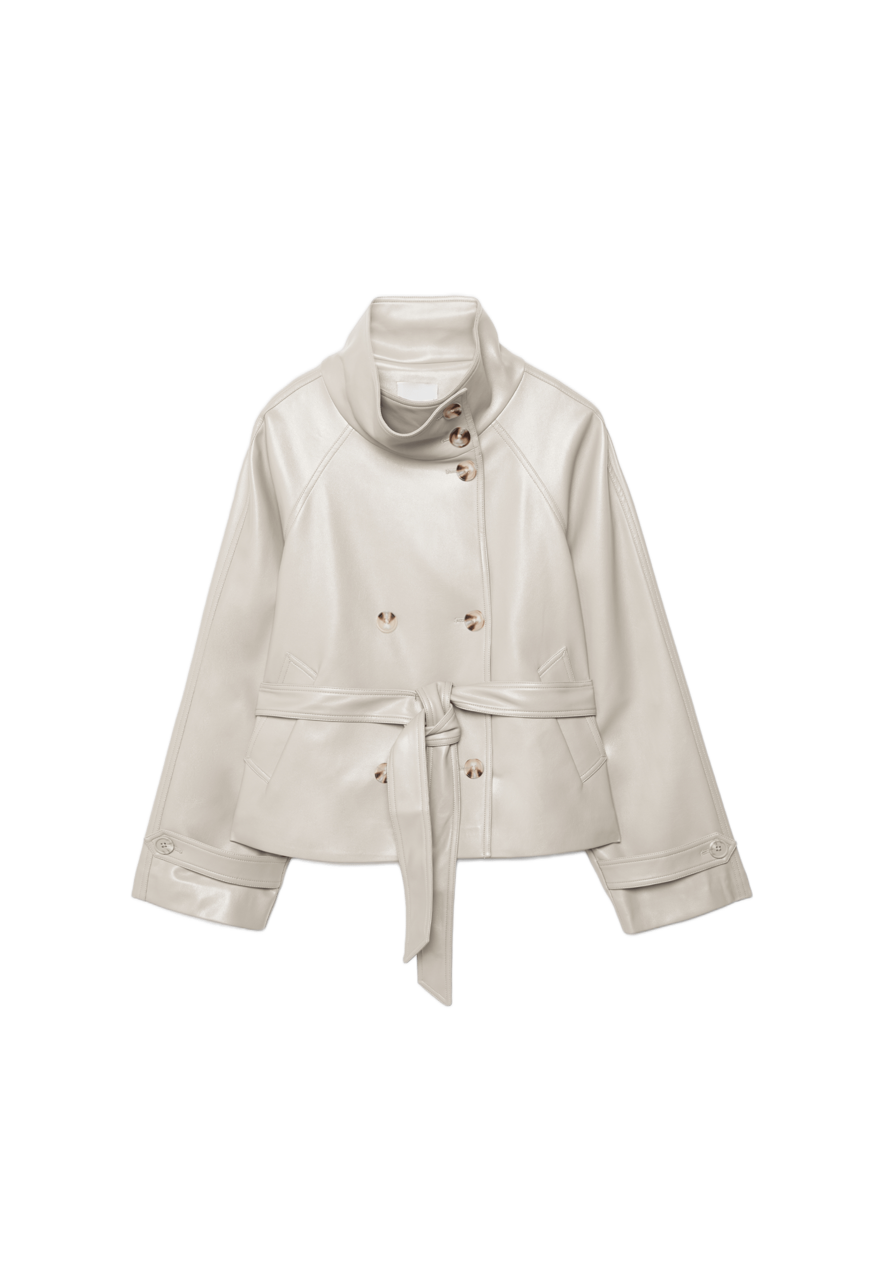 High neck leather effect trench coat — Ecru