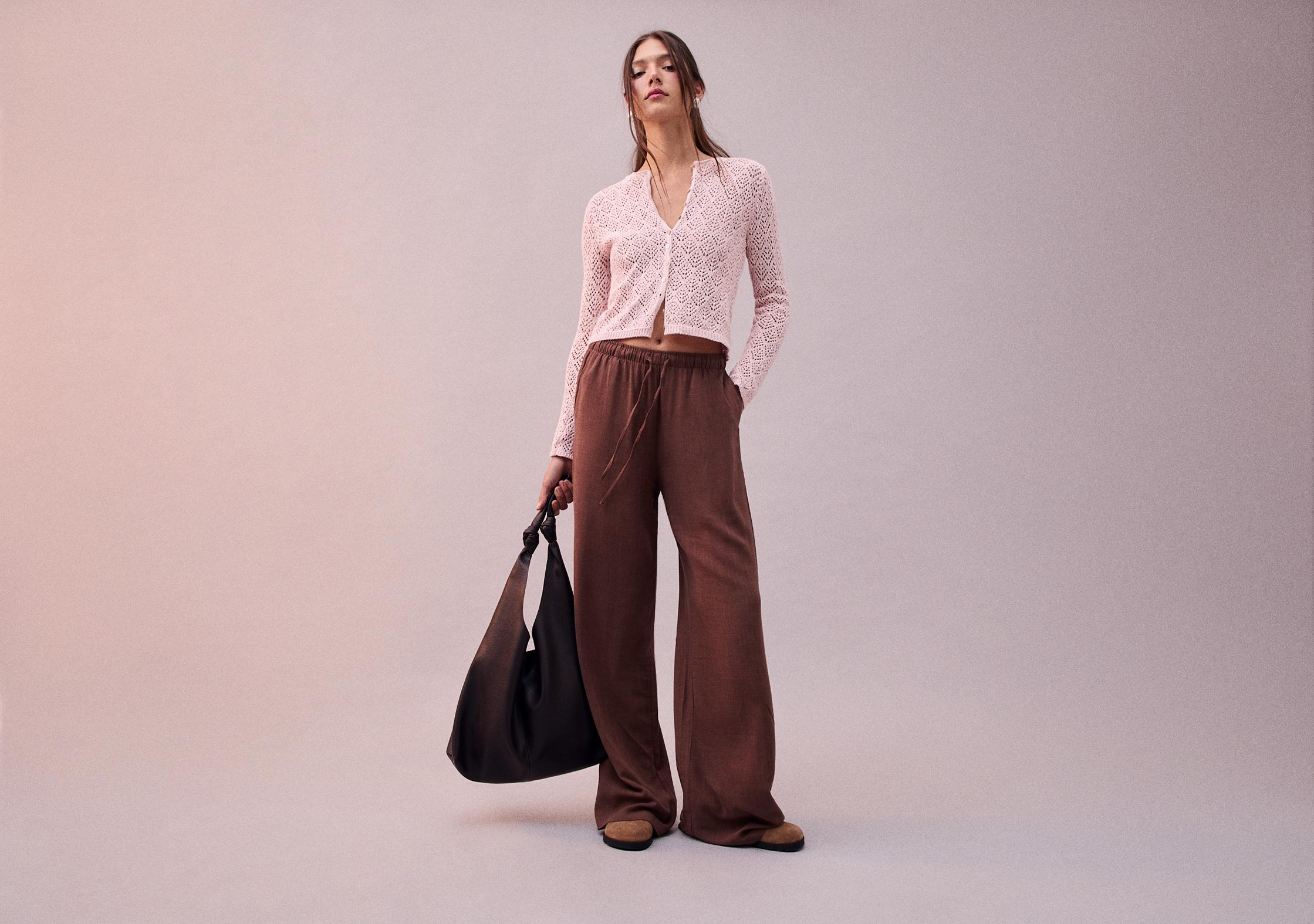 Straight-leg linen-look trousers — Brown