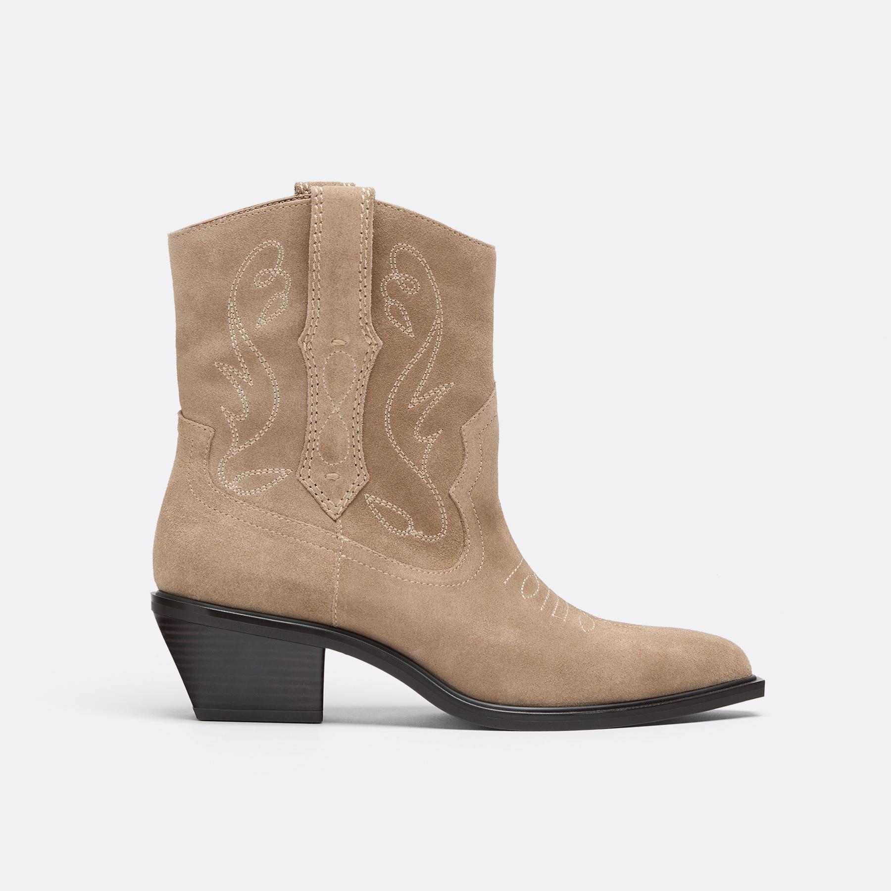 Leather cowboy heeled ankle boots — BEIGE
