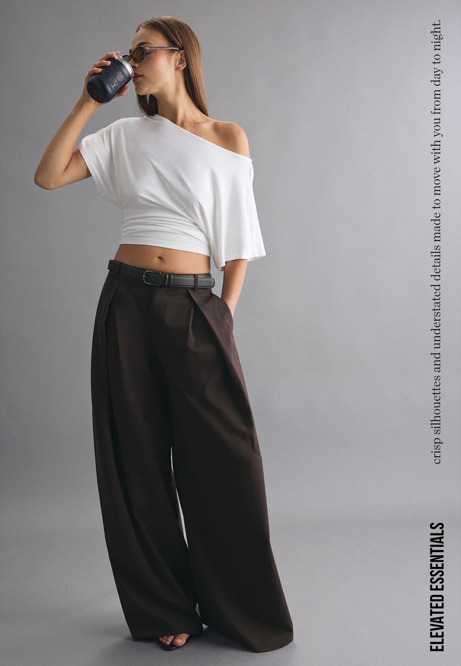 Wide-leg darted trousers with belt — Brown