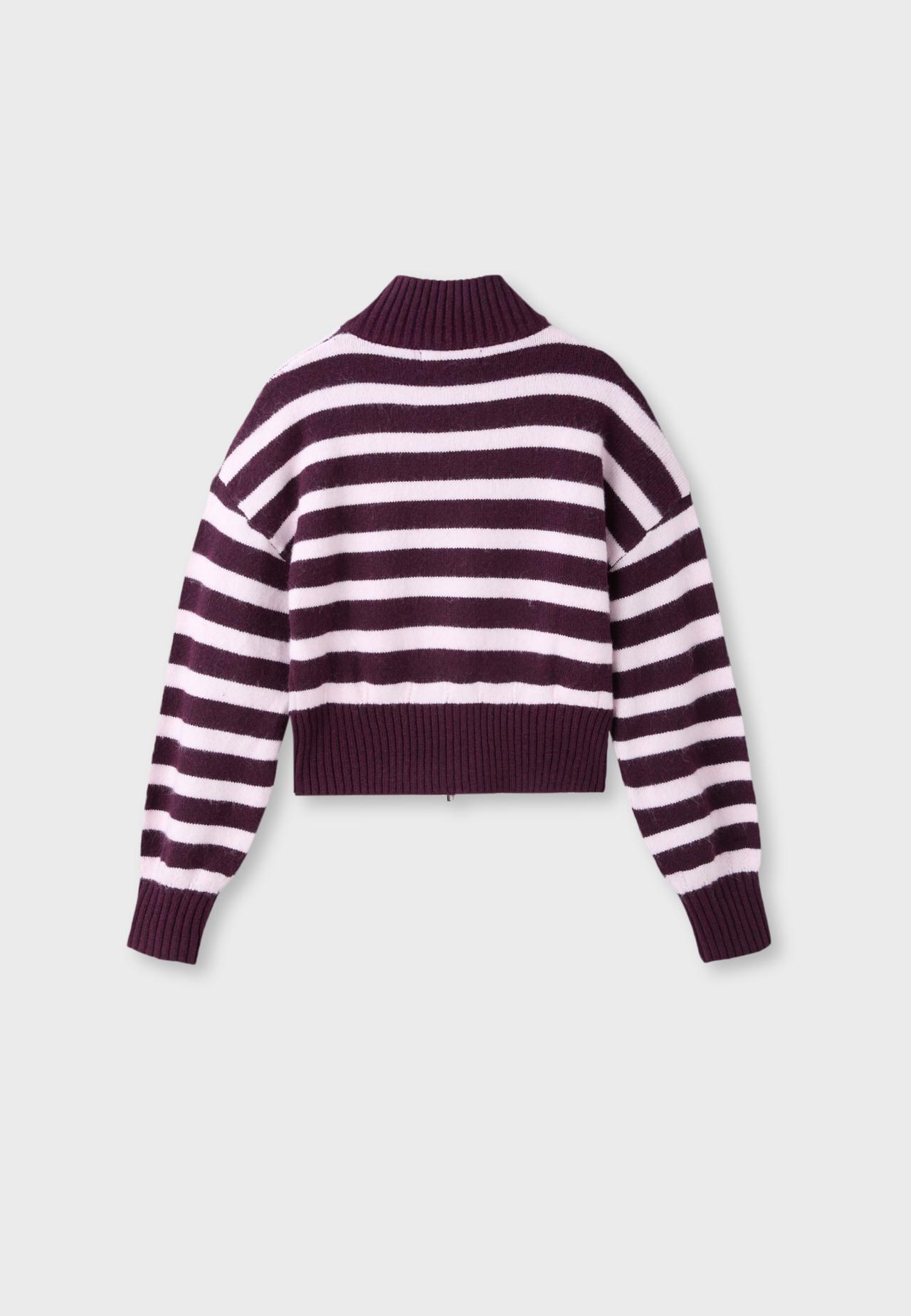 Striped zip-up knit cardigan — Dark purple