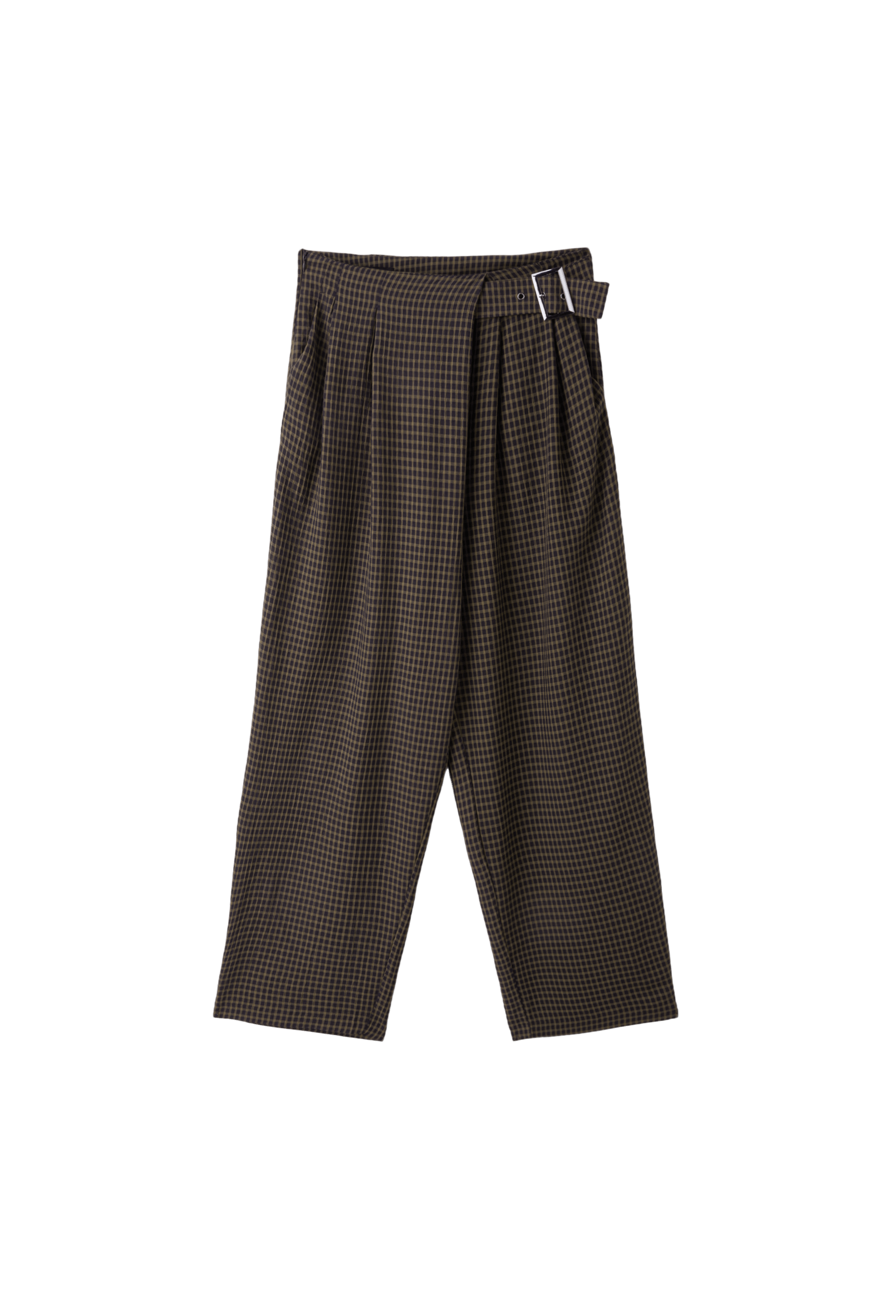 Flowing check trousers with buckle — Khaki