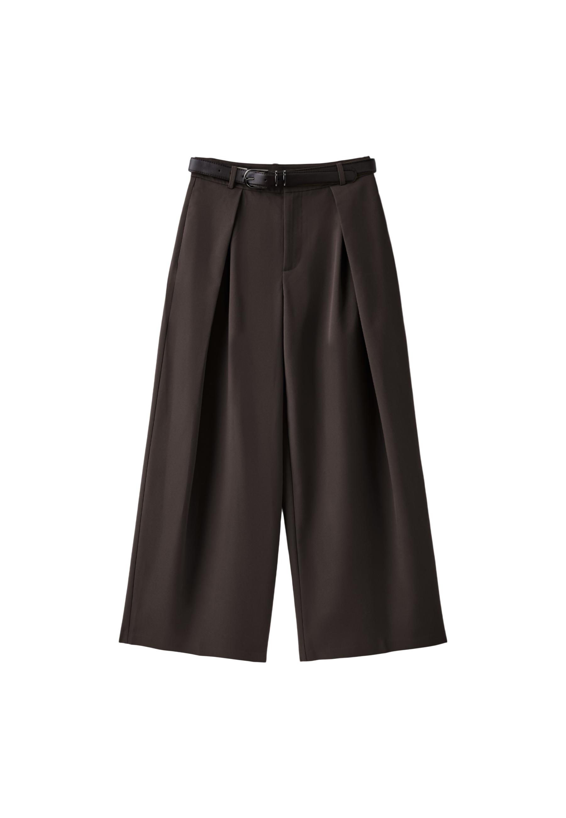 Wide-leg belted trousers with darts — Brown