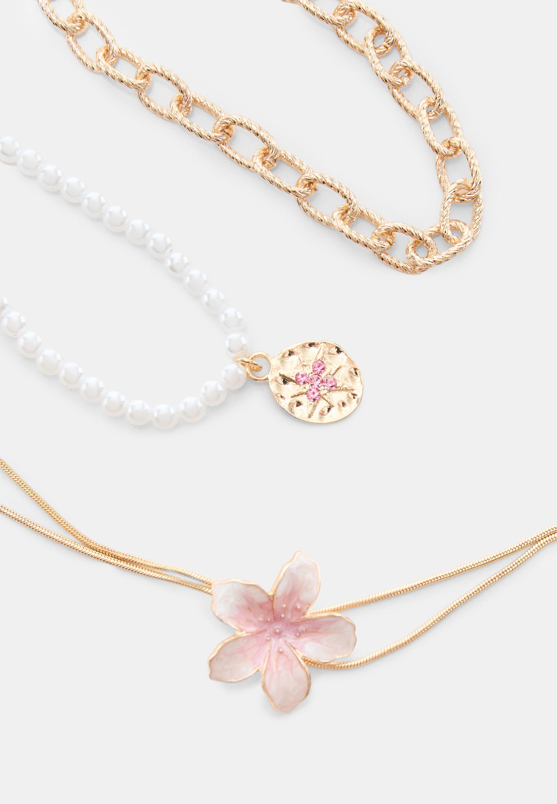 Set of 3 enamel flower necklaces — Gold