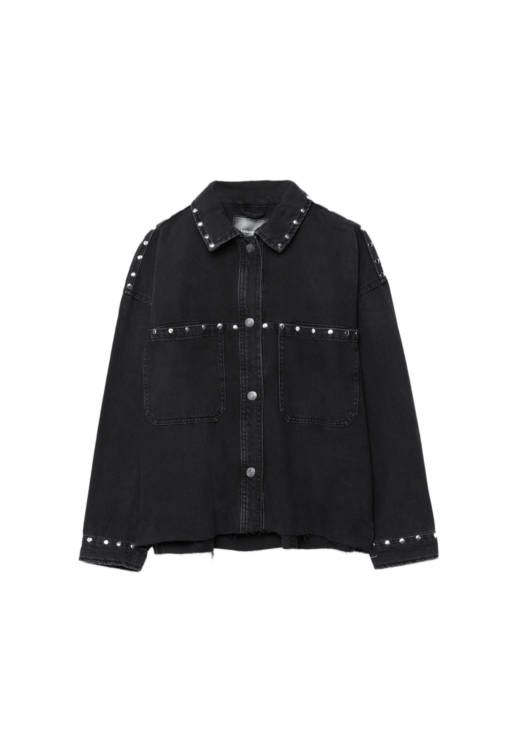 Cropped studded denim overshirt — BLACK DENIM WASH