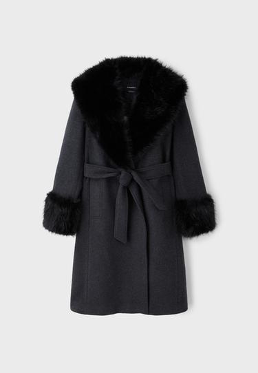 Felt texture coat with faux fur collar — Dark grey 8