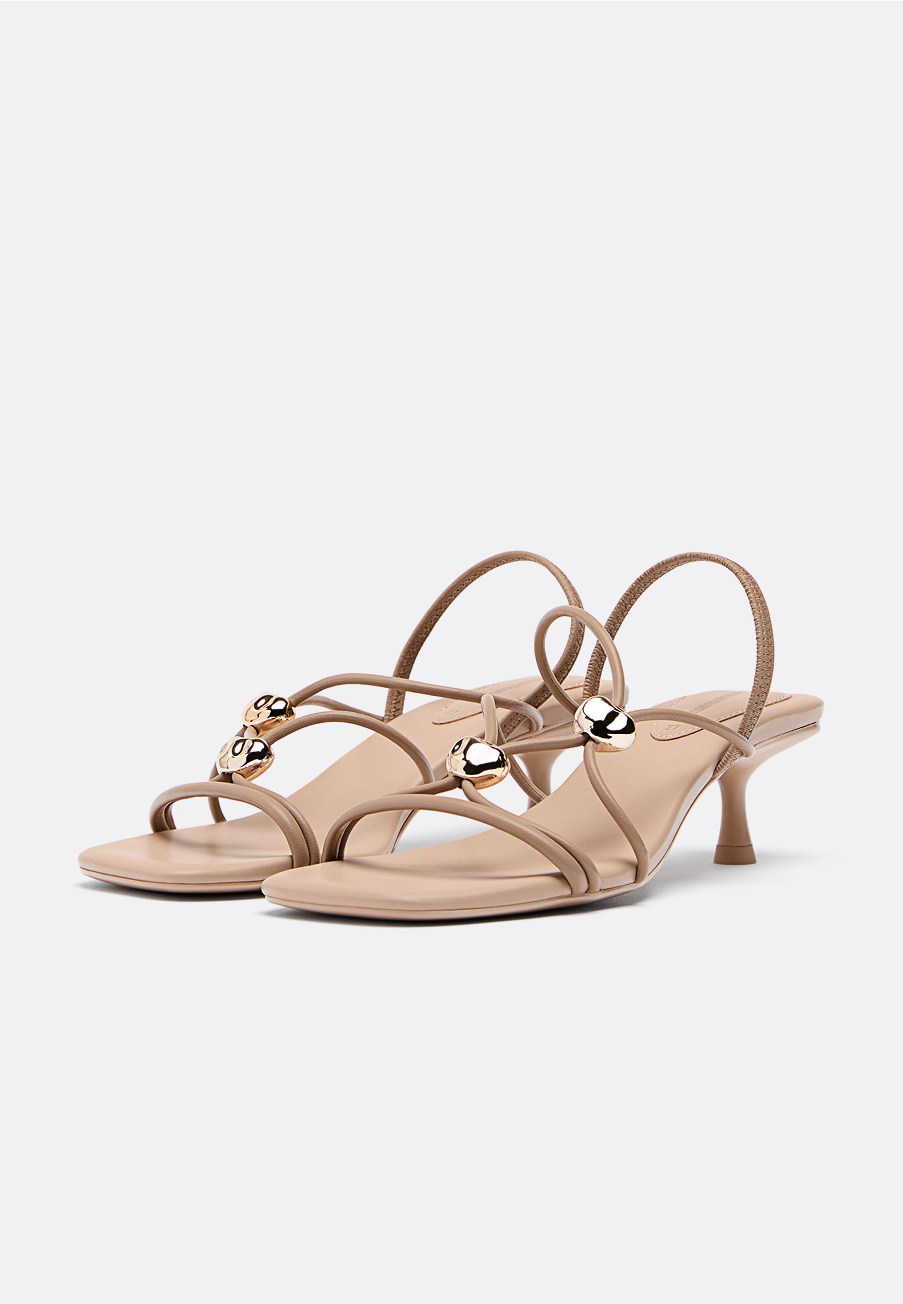 Kitten heel sandals with metal detail — BEIGE
