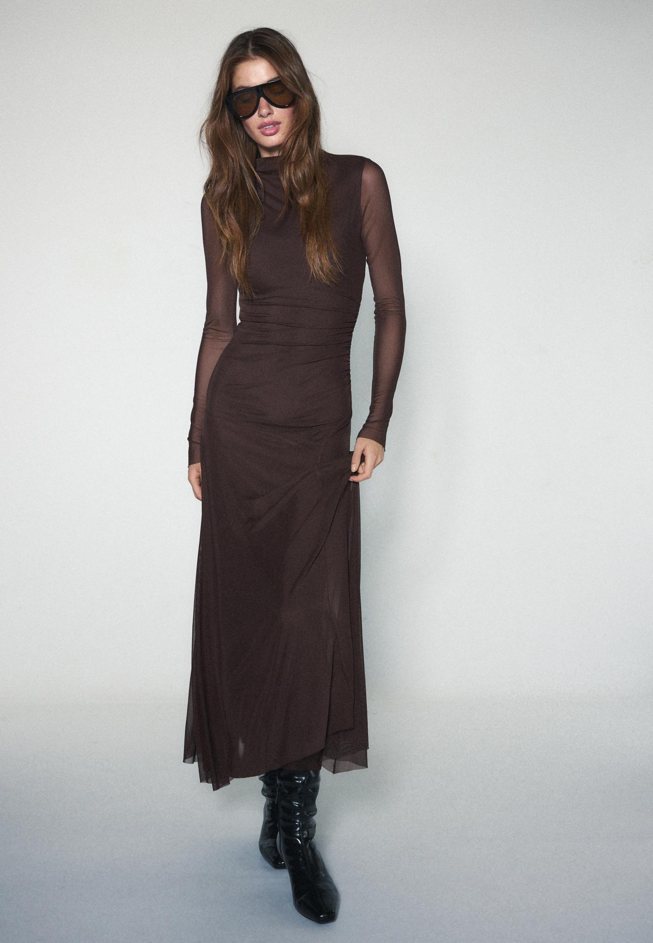 Long sleeve tulle midi dress — Brown
