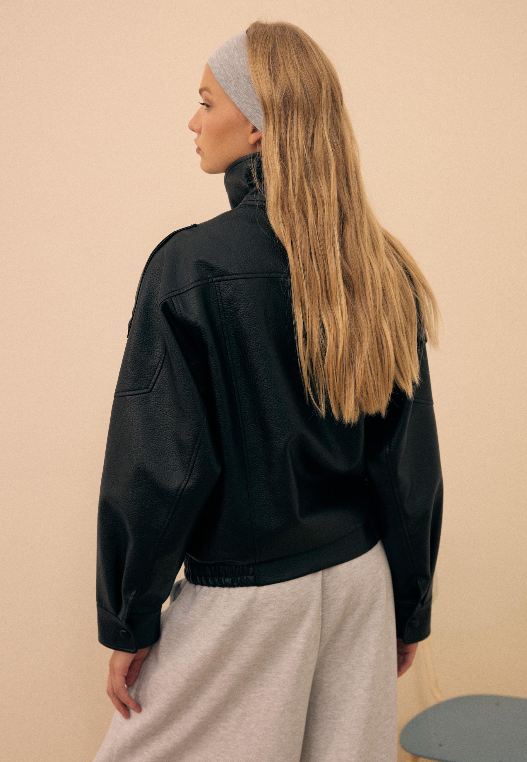 Oversize leather effect biker jacket — Black