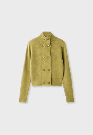 Double-breasted funnel neck knit jumper — Olive green 7