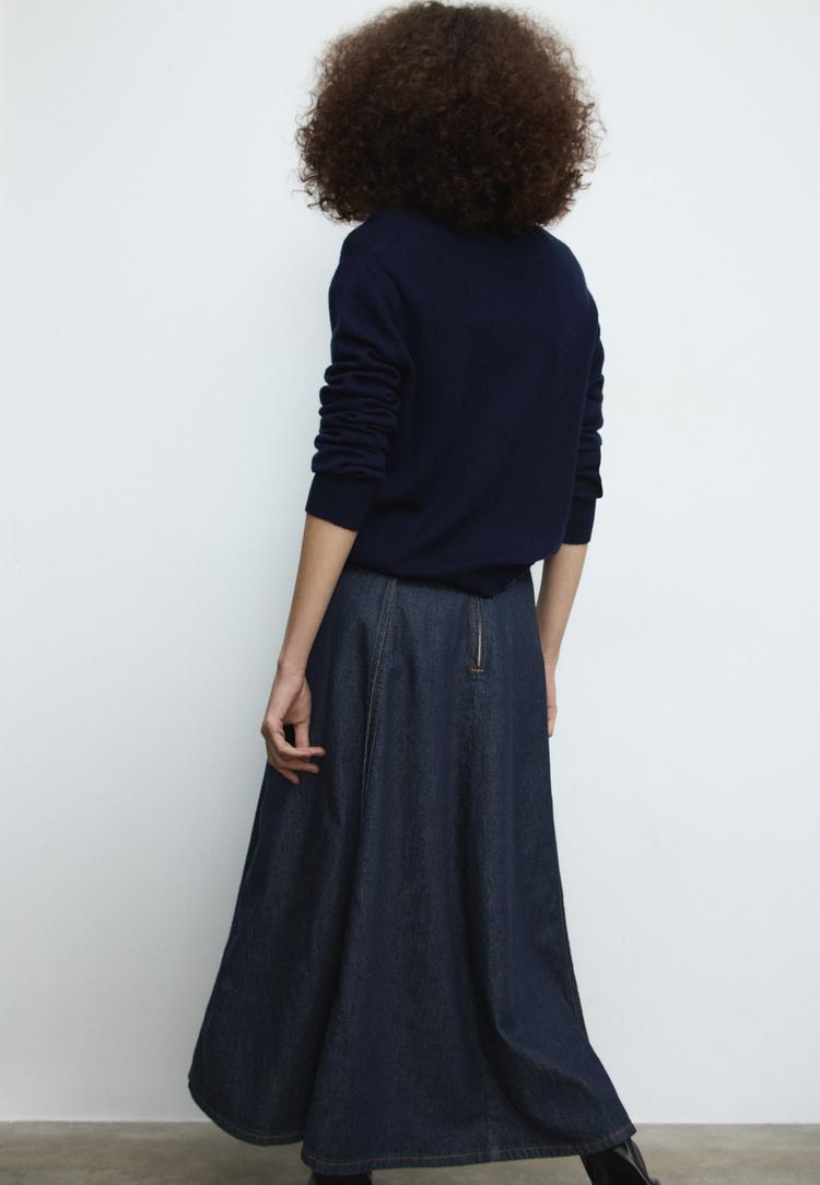 gonna a trapezio midi in denim con cintura