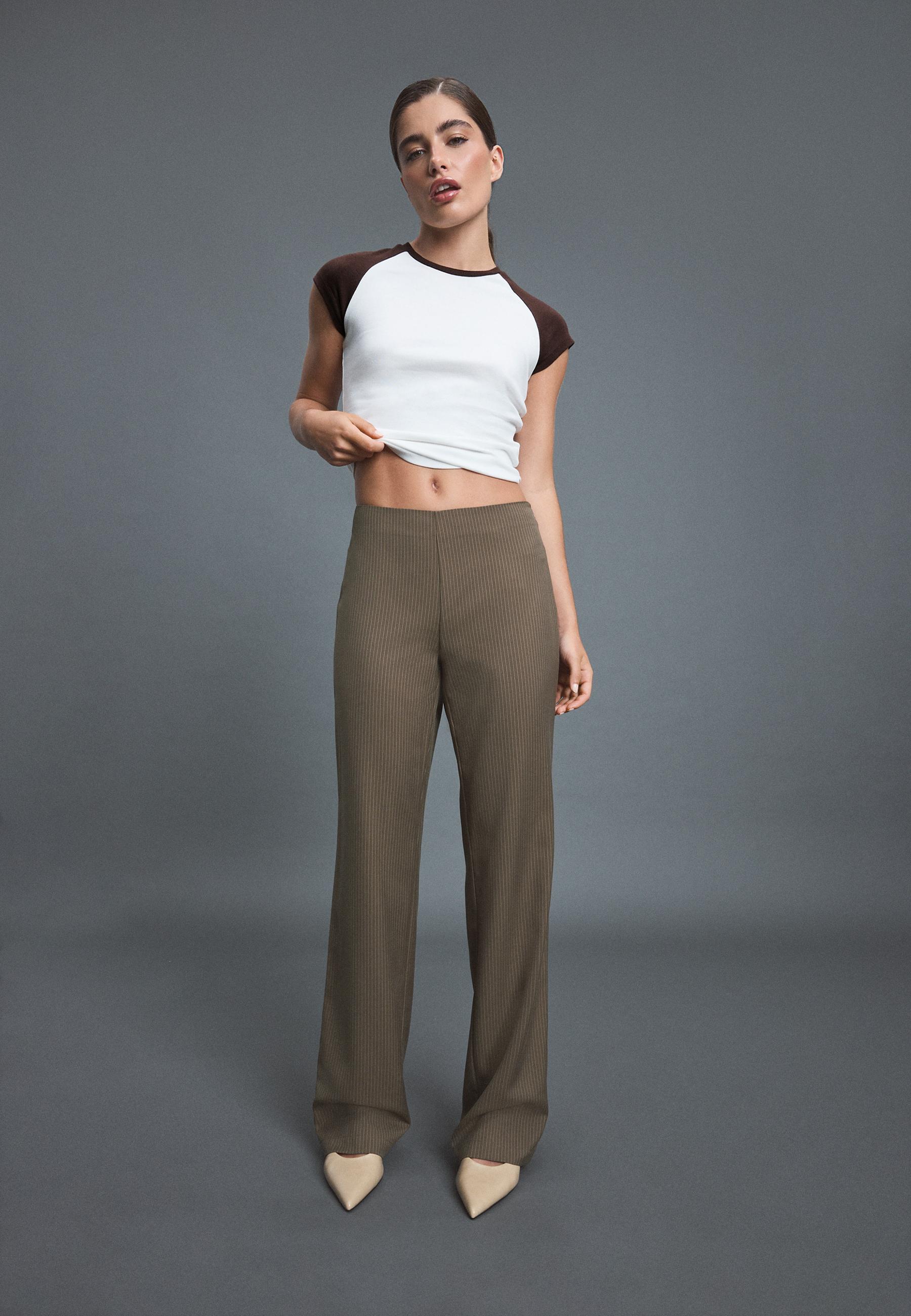 Striped straight-leg trousers with skirt overlay — Khaki