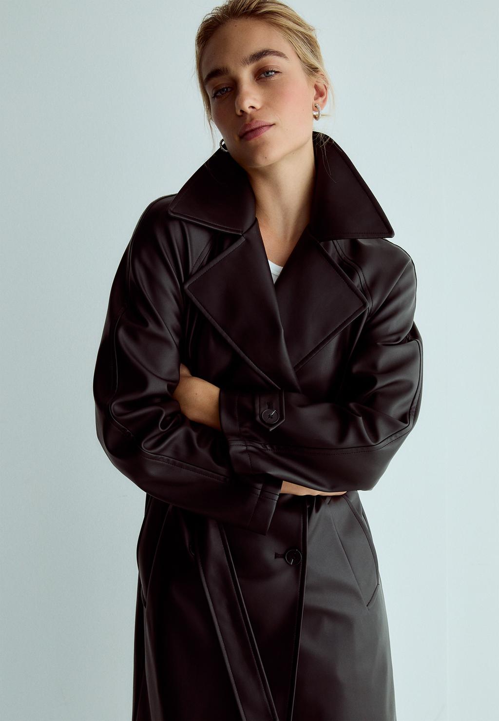 Long faux leather trench coat